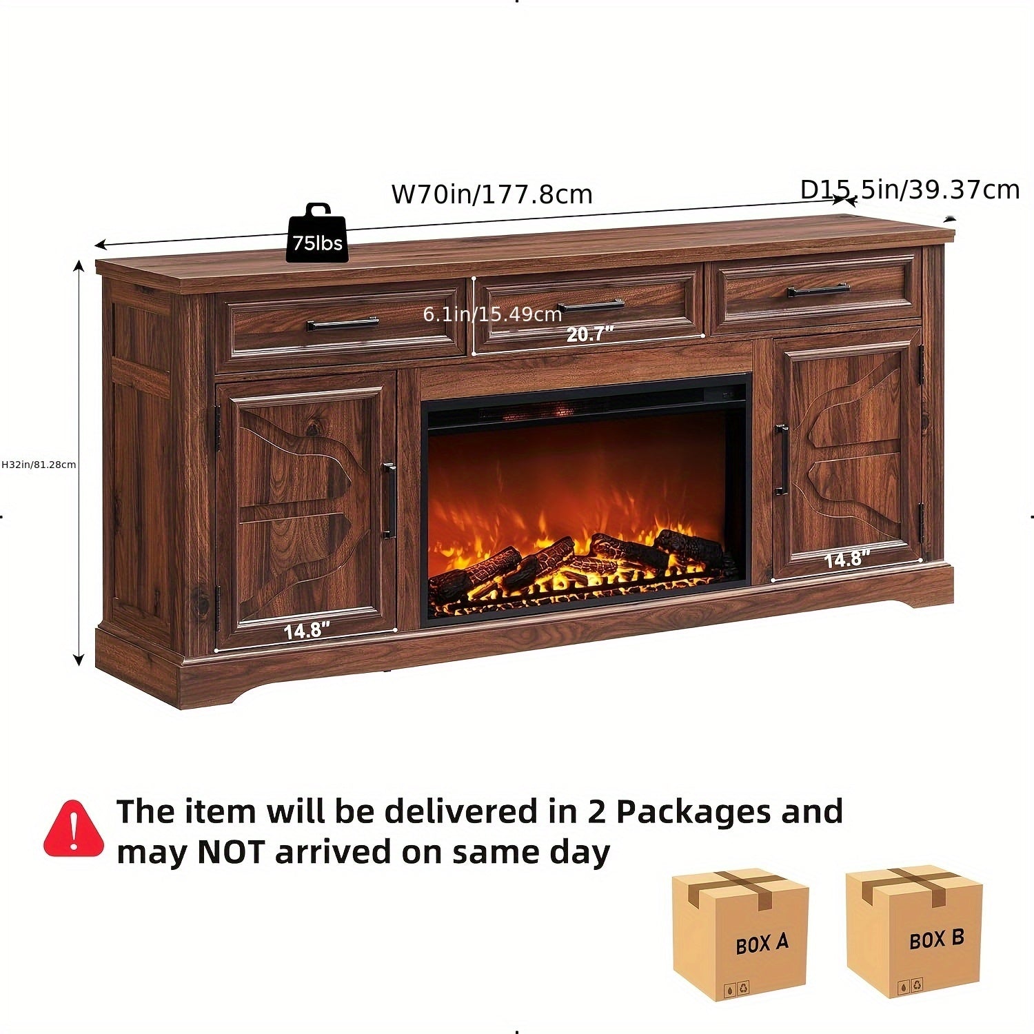 Farmhouse Fireplace TV Stand For Up To 80 Inch TV, Entertainment Center With 30" Electric Fireplace For 65 75 Inch TV, 70" TV Stand With Storage Cabinet Drawer For Living Room