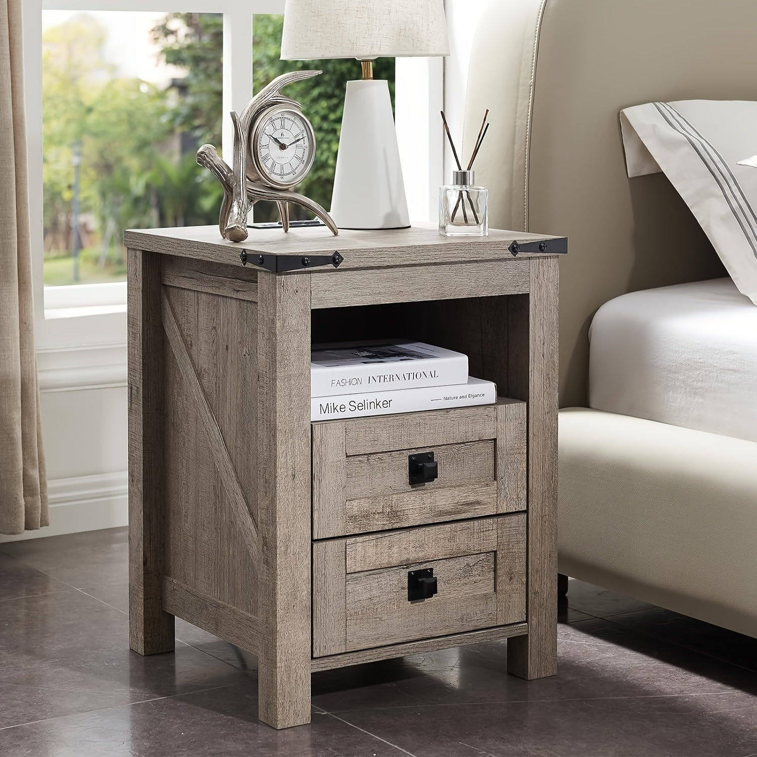 Bedside Table with Charging Station, End Table, Side Table with 2 Drawers Storage Cabinet for Bedroom, Living Room, Farmhouse Design