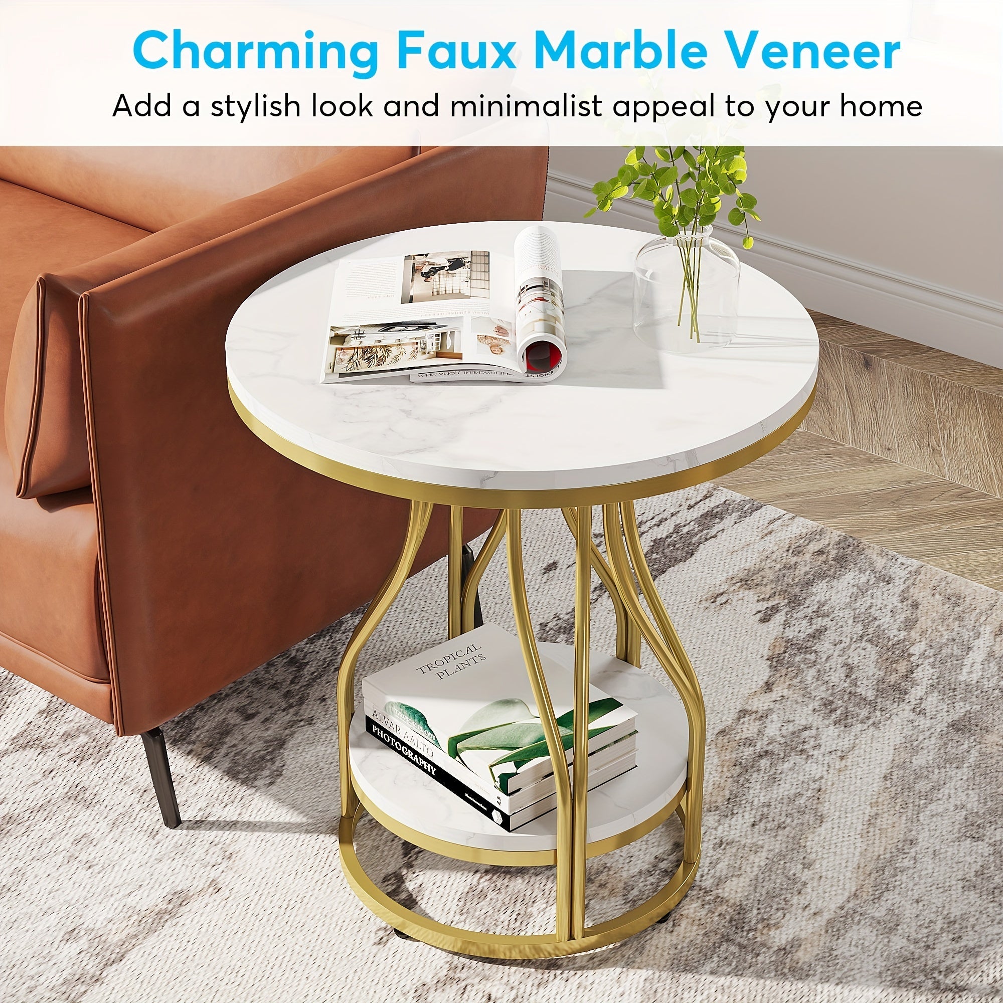 2 Tier Round Side Table, Faux Marble End Tables Coffee Table Simplistic Sofa Table Waterproof Table Indoor Outdoor Accent Table For Living Room Bedroom