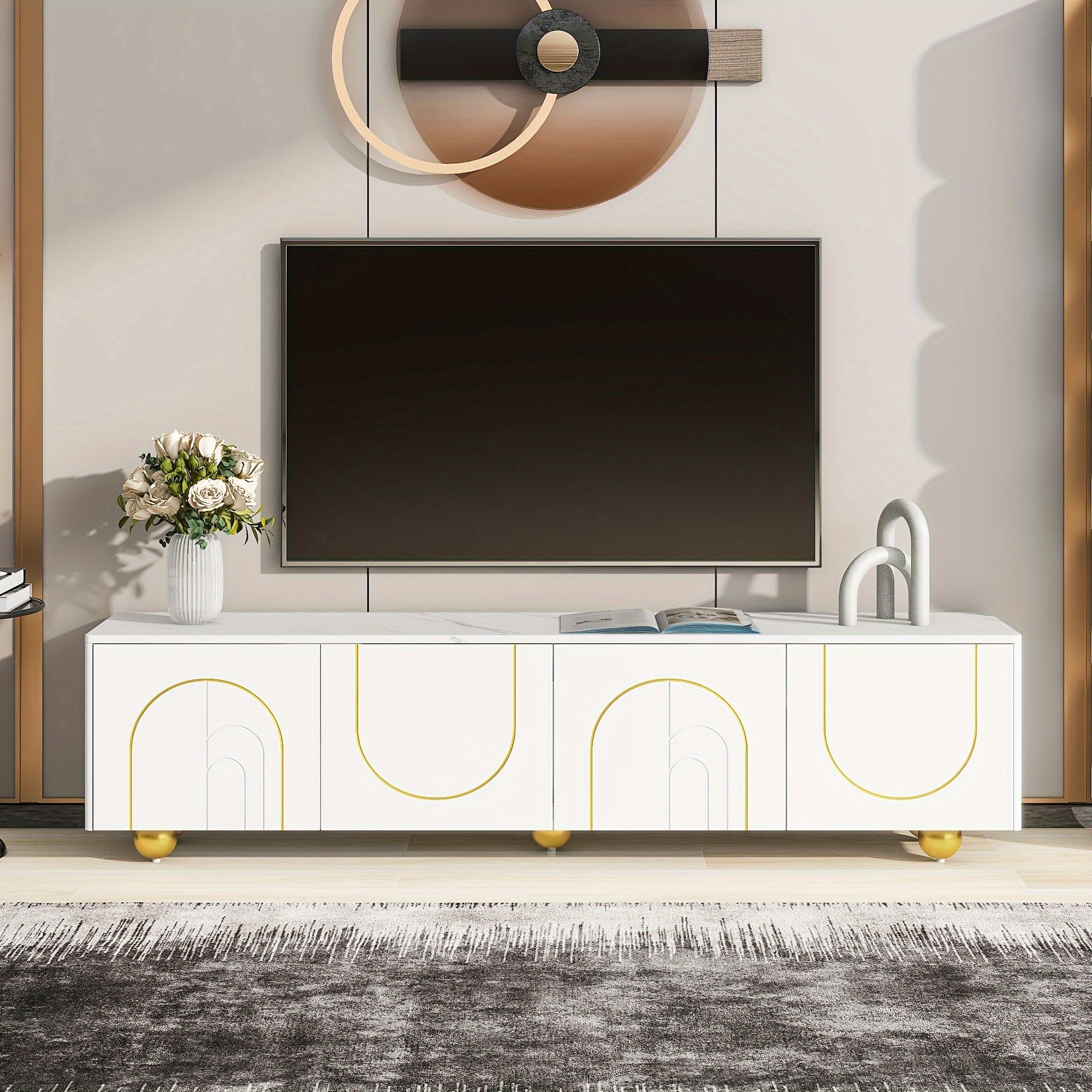 Modern TV Stand For TVs Up To 75 Inches, Entertainment Center With Storage Cabinets And 1 Adjustable Shelf, Media Console With Marble-patterned Top And Golden Round Metal Legs For Living Room