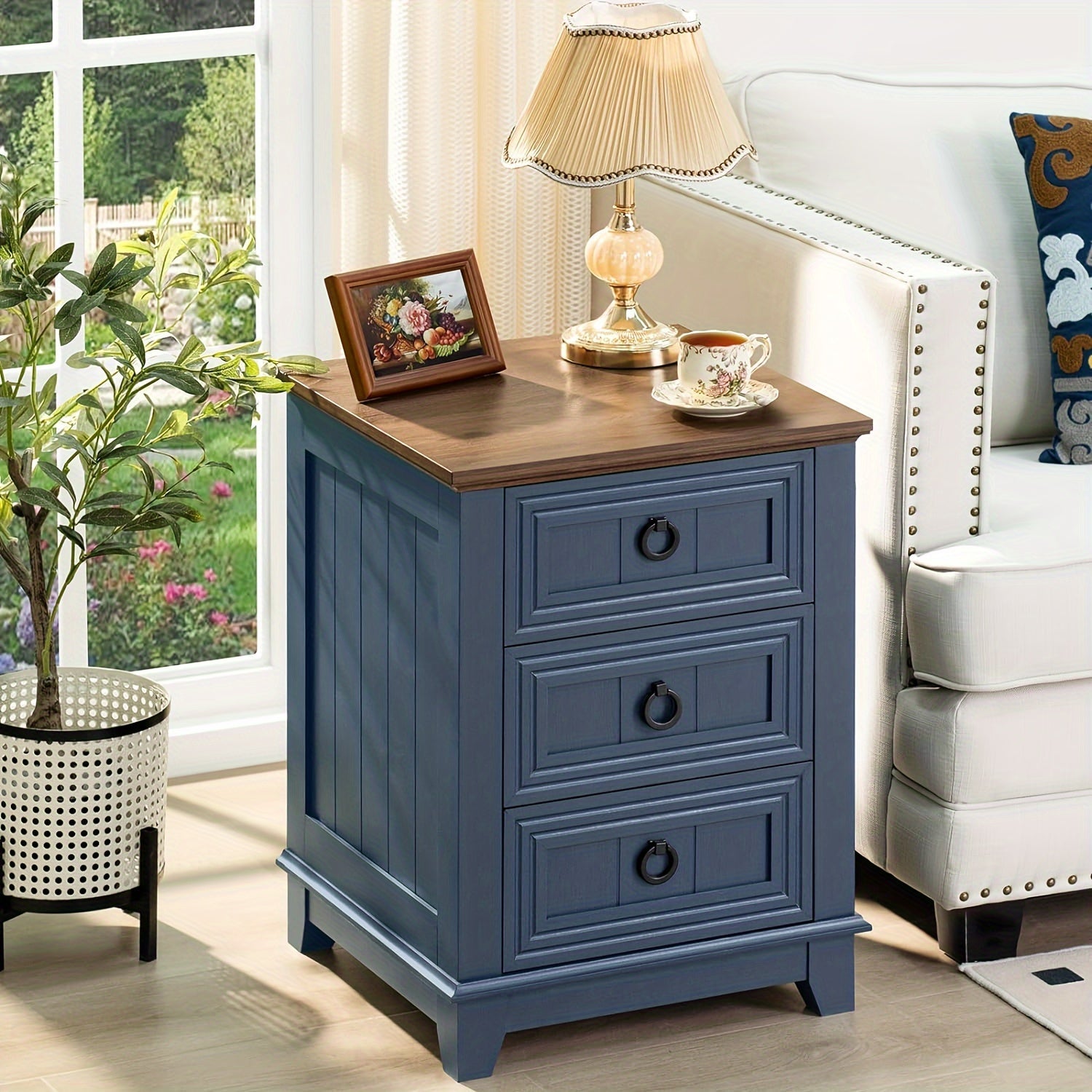 Farmhouse Nightstand, 46cm End Table with 3 Drawer Metal Handle, Dresser for Bedroom, Sofa Bed Side Table Chest of Drawers, Wood Night Stand Cabinet for Organizer, Living Room - Blue