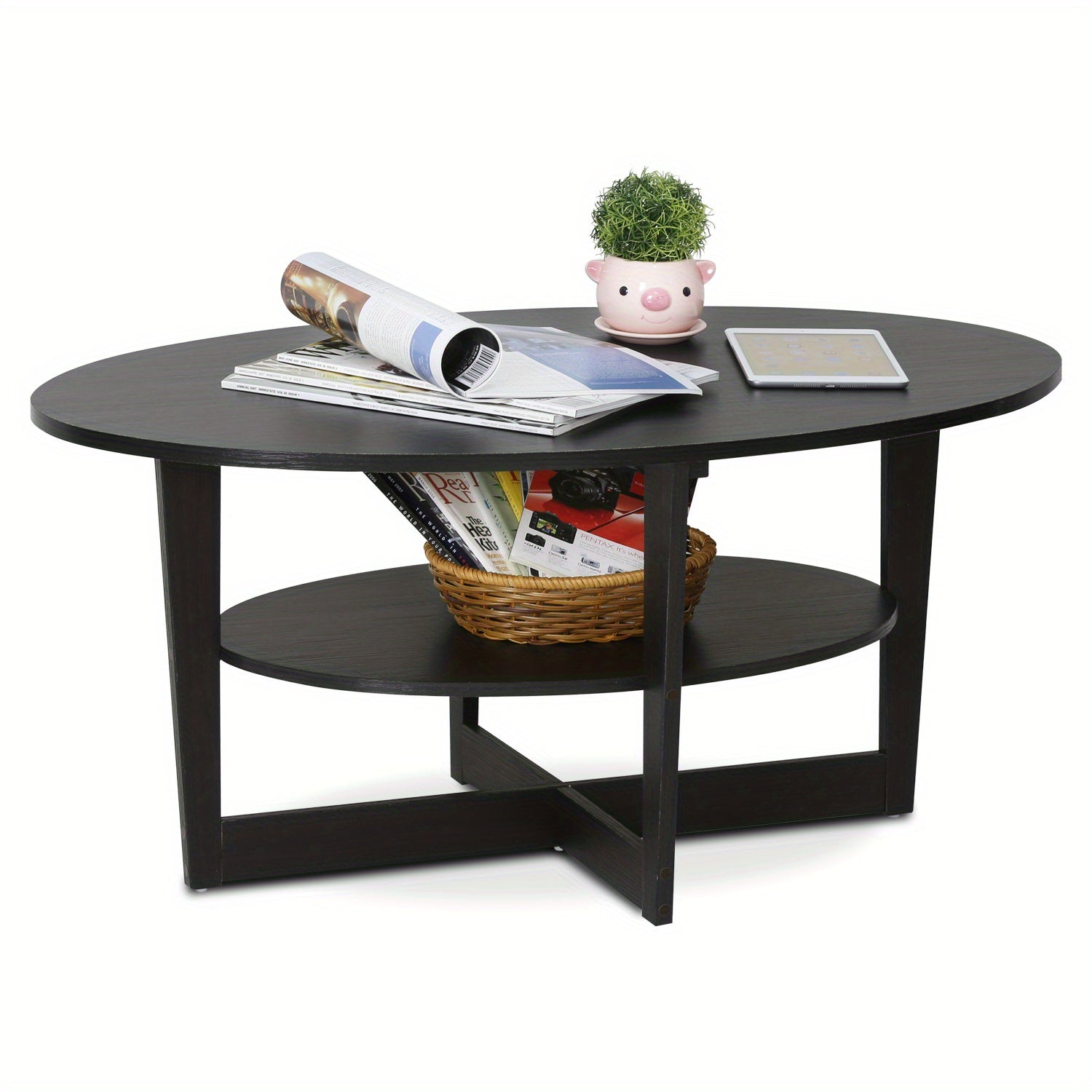 Modern Oval Coffee Table - Columbia Walnut/Black, Sturdy & Space-Saving Design, Easy Assembly, Multifunctional Centerpiece for Living Room, Office, or Bedroom Decor