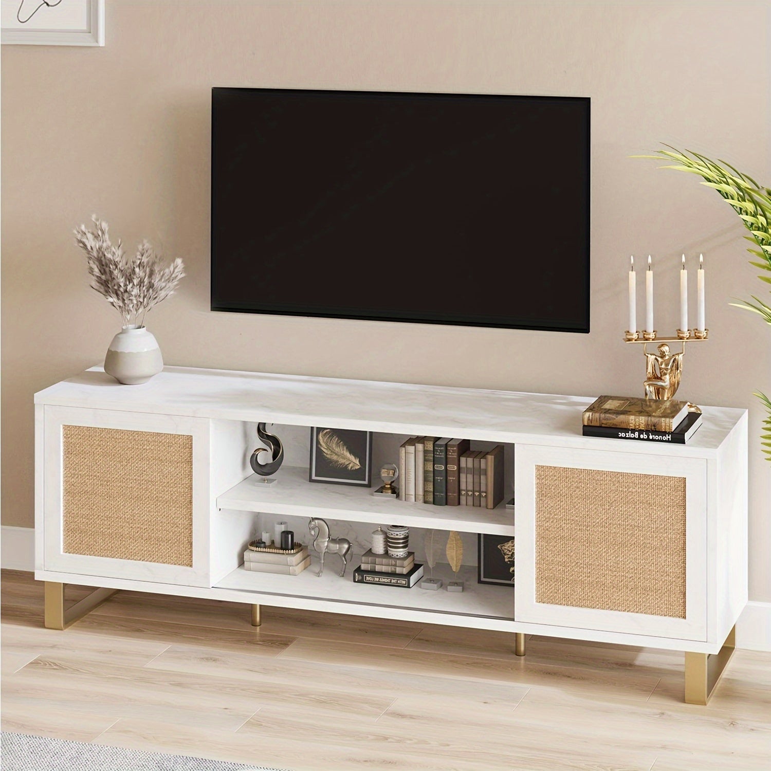 Mid Century Modern TV Stand For 65 Inch, White And Golden TV Stand For Living Room, Rattan Entertainment Center With Storage, Media Console With Slide Doors And Adjustable Shelf For Bedroom