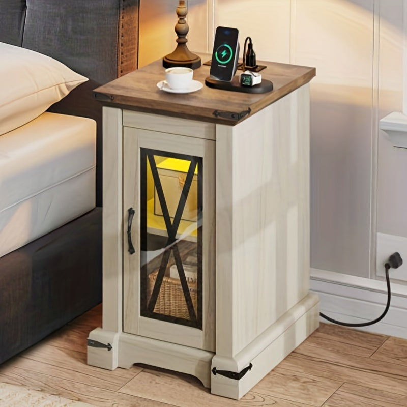 Sturdy Bedside Coffee Table with Charging Capabilities and Elegant Farmhouse Style