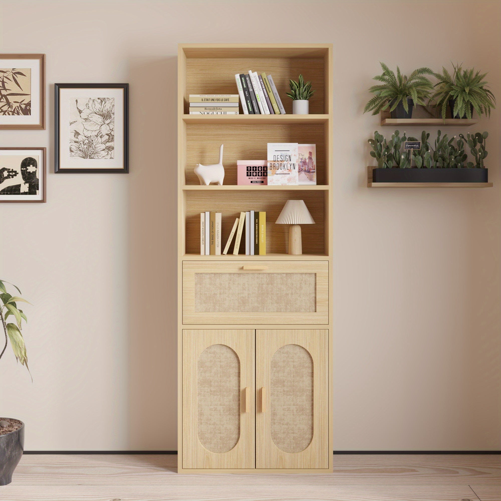 Modern 6-Tier Wooden Bookshelf with Rattan Doors - Adjustable Shelves, Freestanding Display & Storage Cabinet for Living Room and Bedroom