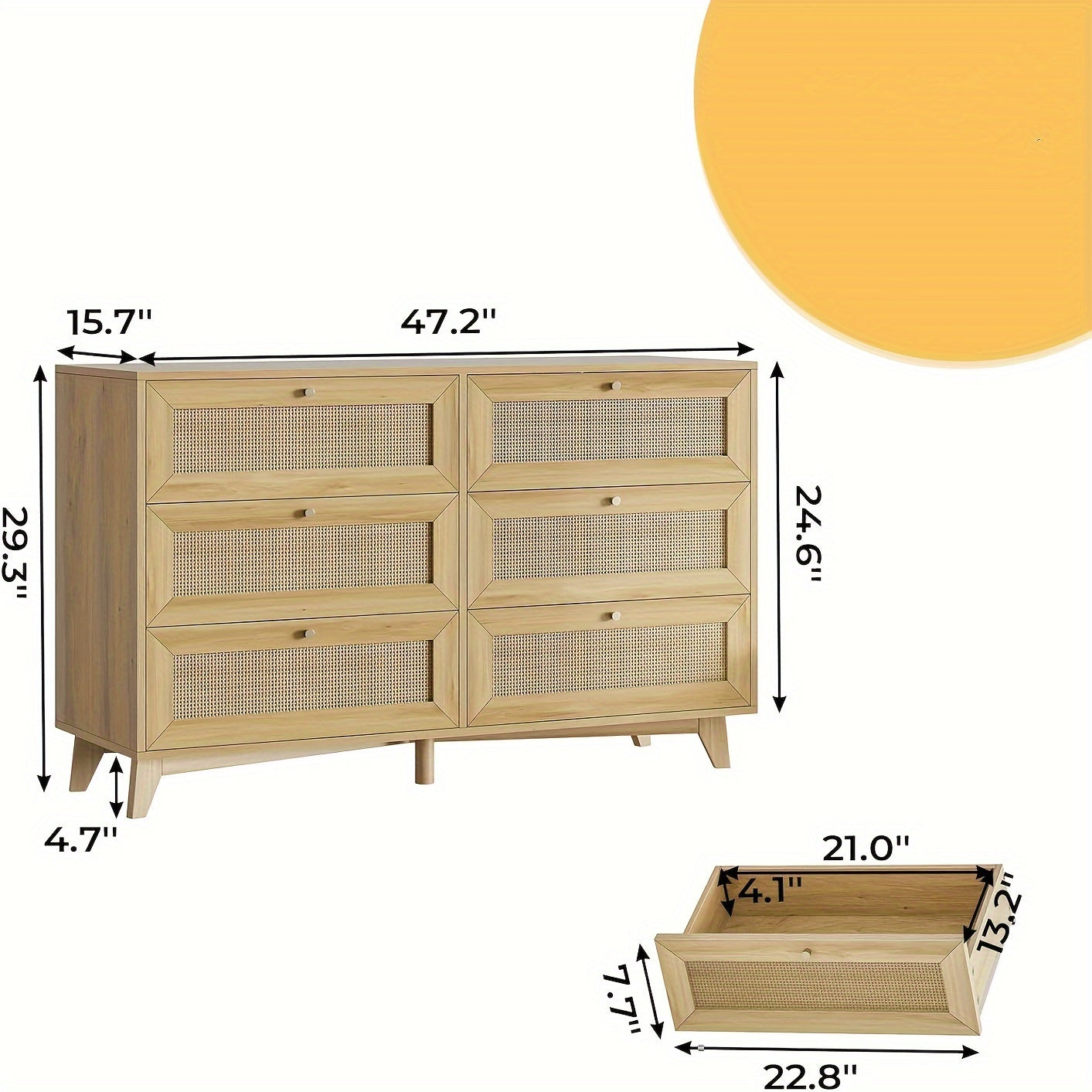 6 Drawer Rattan Dresser For Bedroom Modern Wide Storage Cabinet Living Room Chest Of Drawers Nature