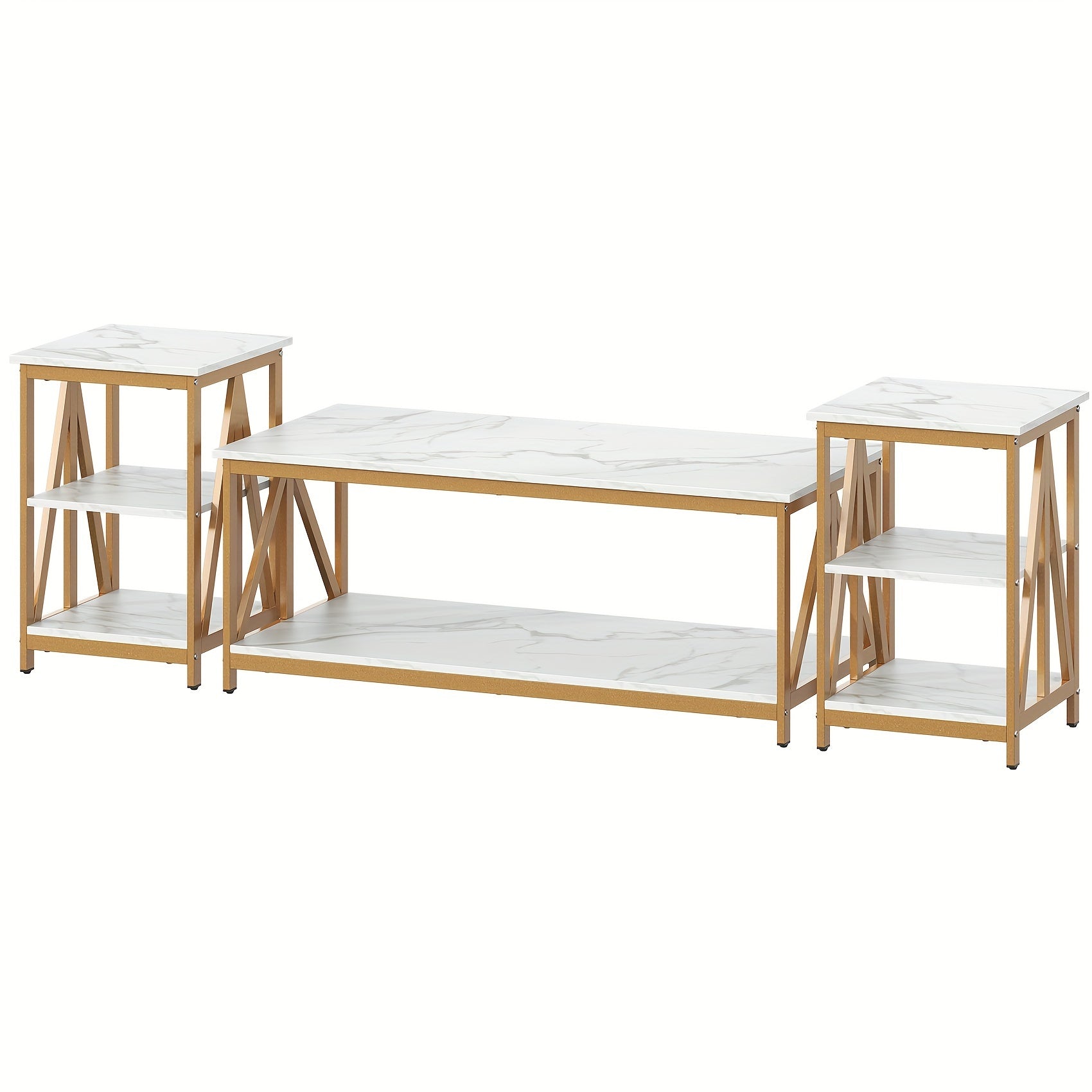 3-Piece Table Set Includes Coffee Table& Two End Tables, For Living Room, Bedroom, Wooden Top And Metal Frame, Marble White