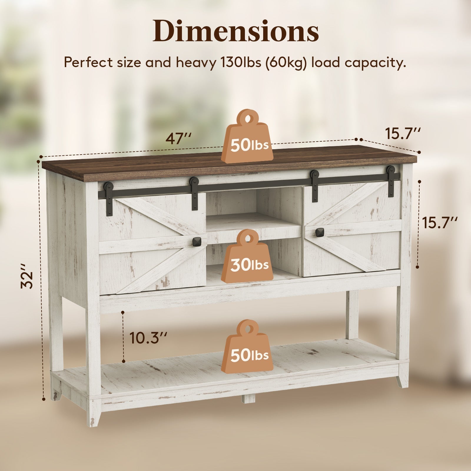 Farmhouse Entryway Table with Adjustable Shelf and Sliding Barn Doors, 116.8 cm Hallway Table with Bottom Open Shelf, Behind Couch Table Console Table for Entrance, Living Room, Foyer, Rustic White