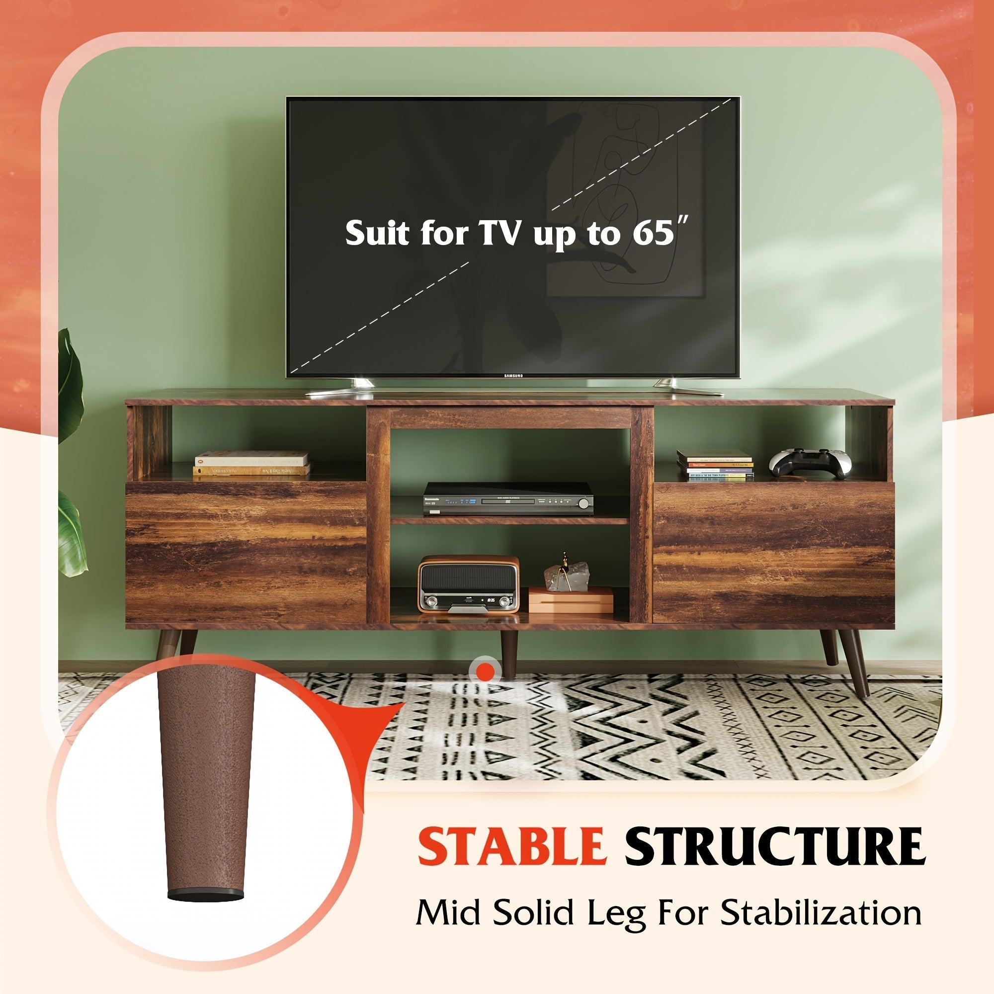 Mid-Century Modern TV Stand for 165cm TV - Hardwood Console with Open Shelves, MDF & Particle Board Construction, Freestanding Entertainment Center for Living Room and Bedroom