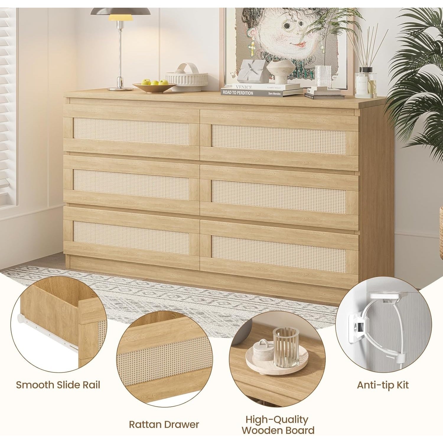 Rattan Dresser for Bedroom, 6 Drawer Double Dresser for Bedroom with Smooth Mental Slide, Modern Wood Chest of Drawers for Bedroom, Living Room, Hallway, Natural