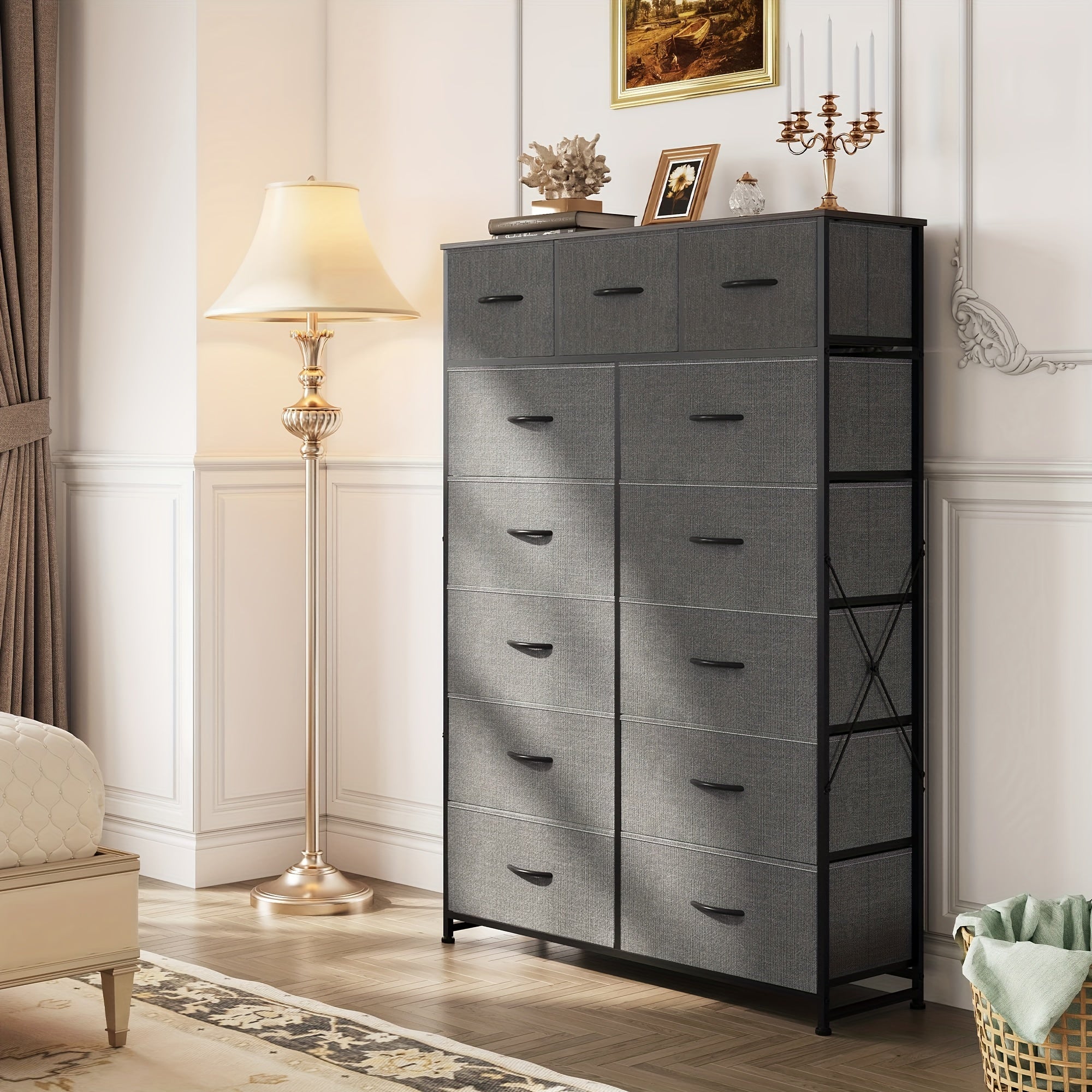 Tall Dresser for Bedroom with 13 Drawers, Storage Dresser Organizer Unit, Fabric Dresser for Bedroom, Closet, Chest of Drawers, Steel Frame, Wood Top, Charcoal Black Wood Grain Print