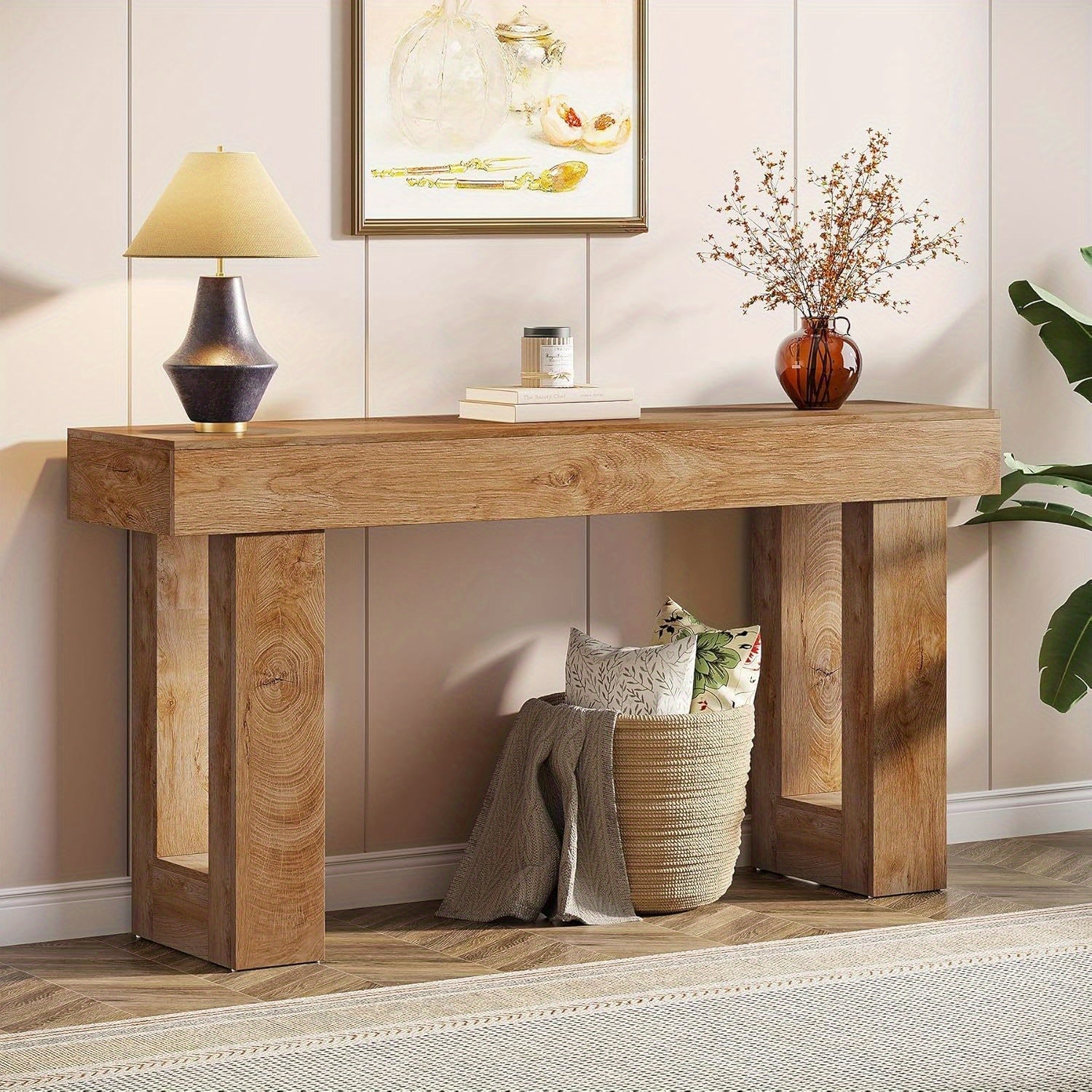 Chic 160 cm Long Wooden Console Table with Open Storage Space - Contemporary Farmhouse Style, Sturdy Hardwood Construction, Ideal for Entryway, Hallway, Living Room - Features Perfectly Aligned Top & Base Width