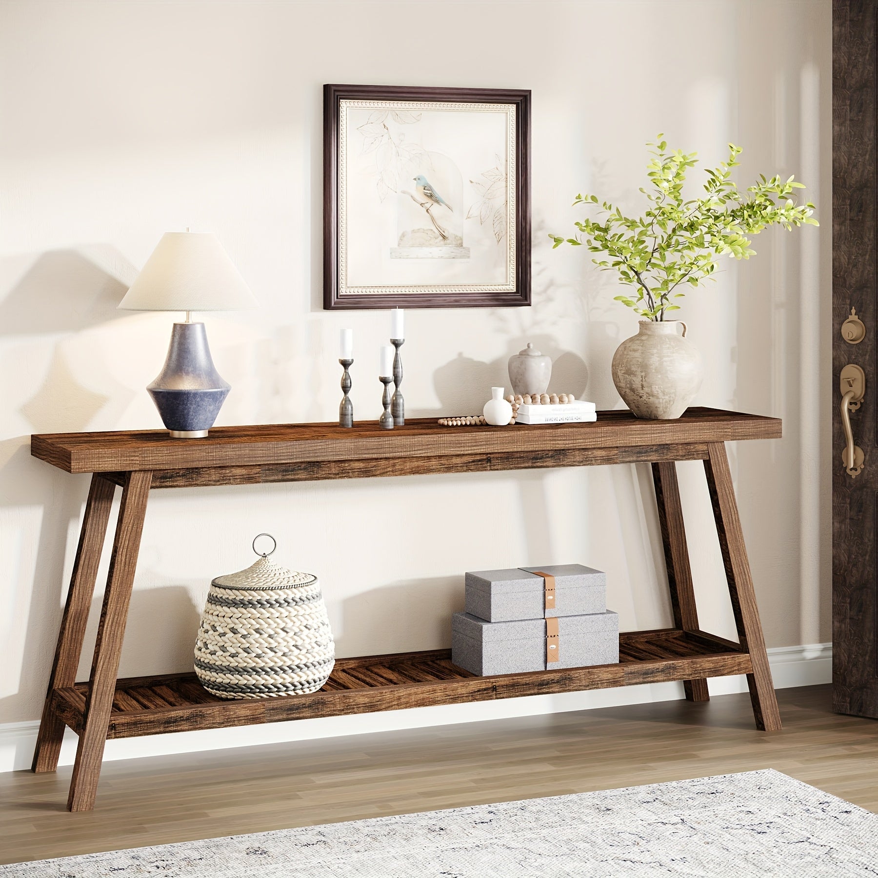 Chic Rustic Brown Farmhouse Console Table - 180 cm Long, 2-Tier Narrow Design with Ample Storage, Durable Engineered Wood Construction, Perfect for Entryway, Hallway, Living Room, or Bedroom Decor, Living Room Decor | Elegant Co