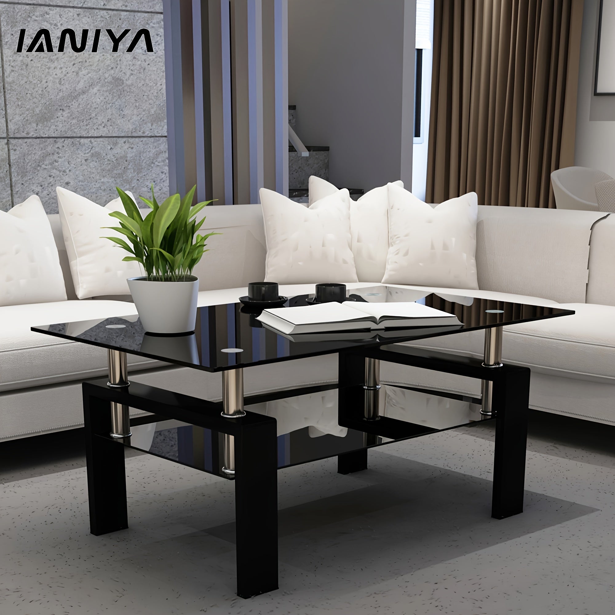 Glass Coffee Table Metal Tube Glass Coffee Table for Livingroom (Black Leg +Black Glass)