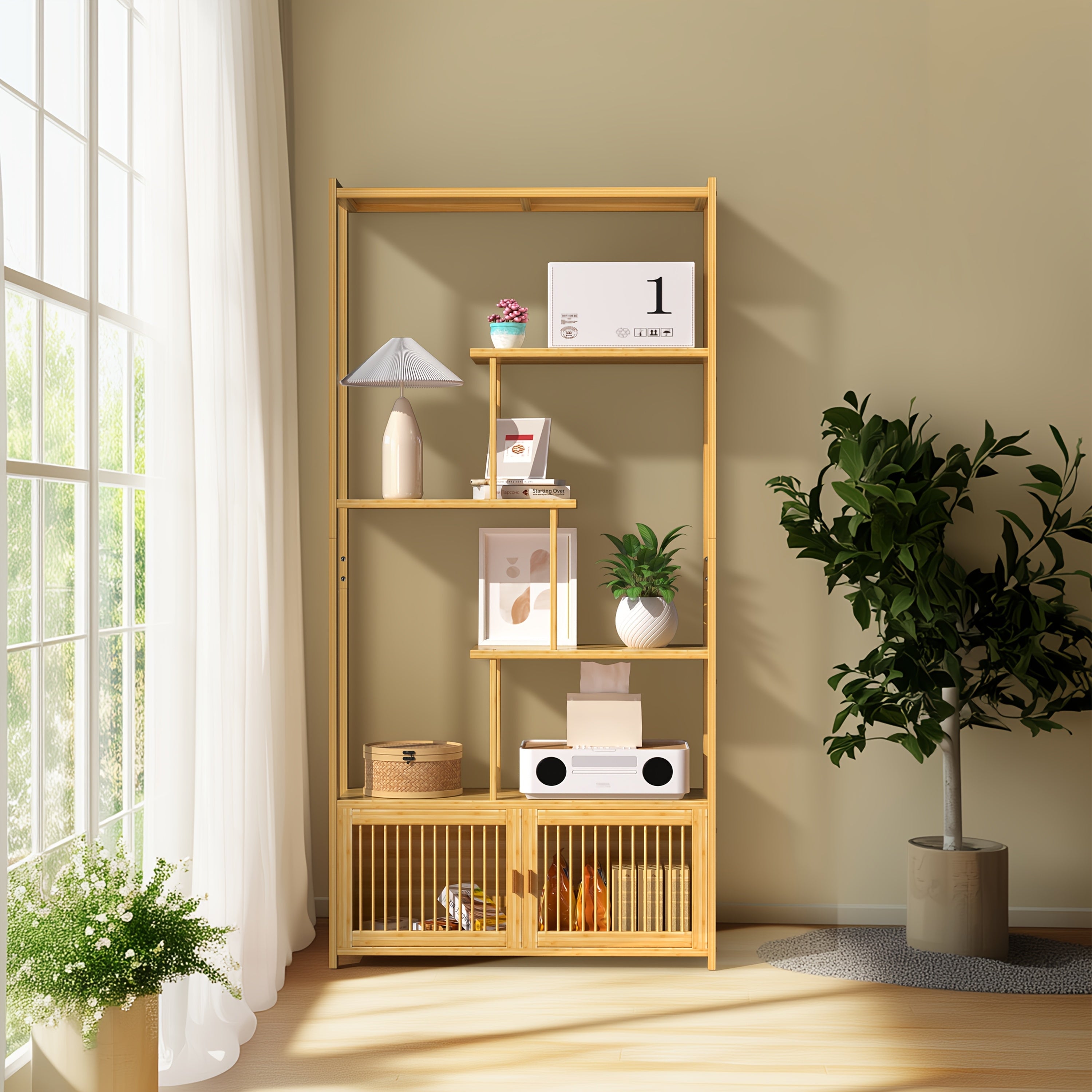 Free Standing Storage Shelf: Bamboo Storage Rack Shelving Unit with High And Low Shelves Bookshelf Plant Stand for Home Organization