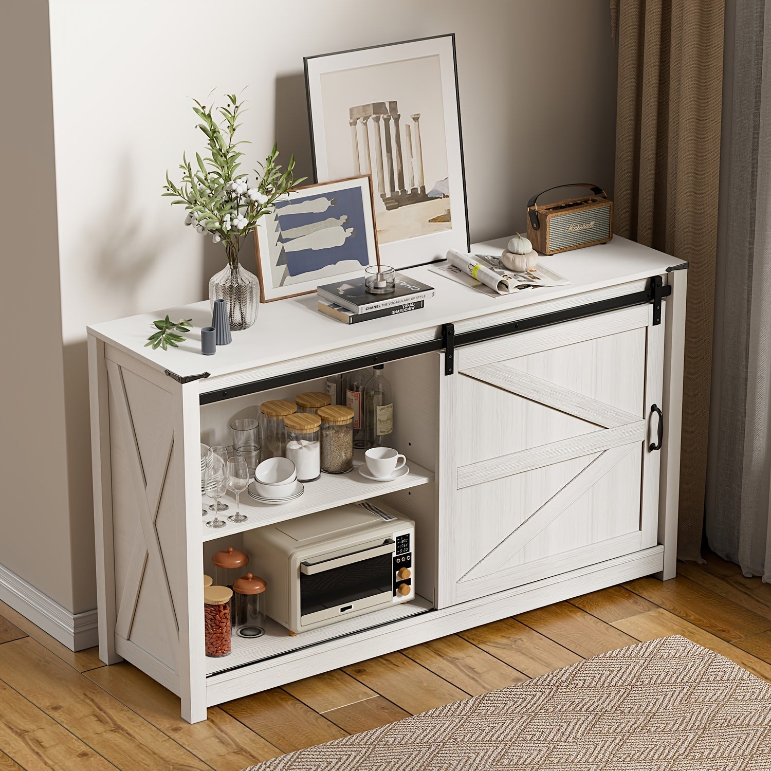 138cm Farmhouse Dresser With 3 Drawers & Sliding Barn Doors, Retro Tall Chests Of Drawers, TV Stand W/Adjustable Shleves For Bedroom, Living Room, Foyer