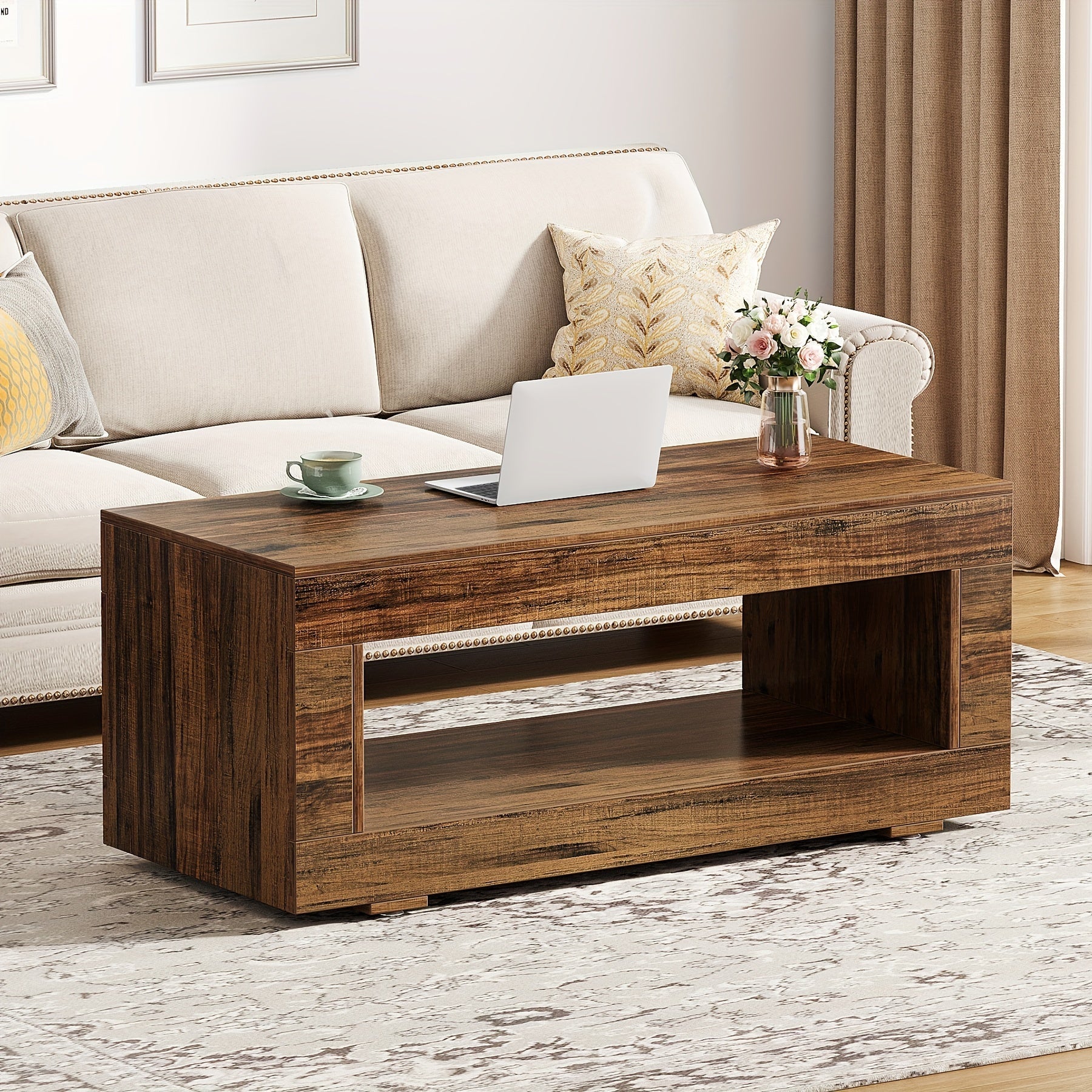 Coffee Table For Living Room, 107cm Modern Farmhouse Coffee Table With Storage, 2-Tier Wood Rectangular Center Table Cocktail Living Room Table With Sturdy Base, Rustic Brown