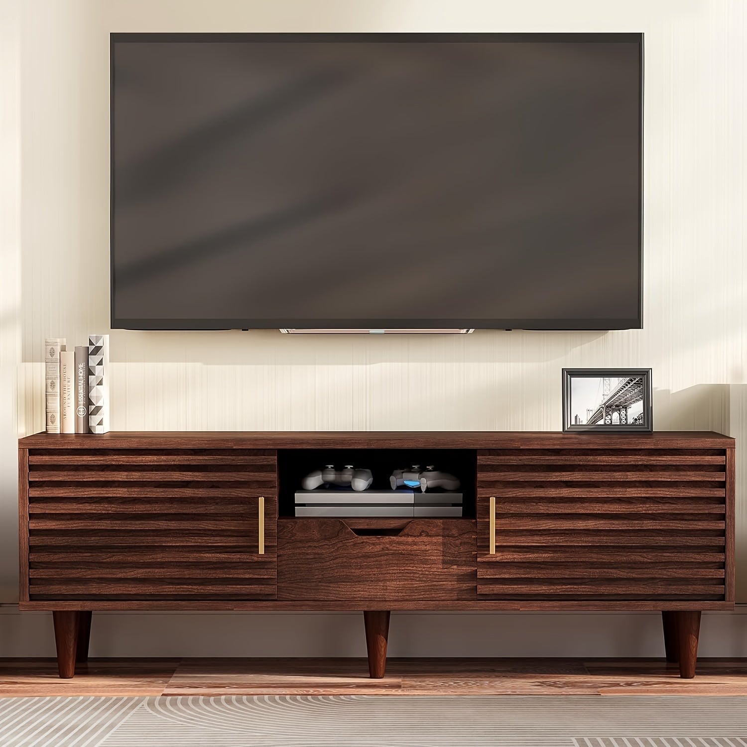 150cm Mid Century TV Stand For 65+ Inch TV, Mid Century Modern TV Media Console, Entertainment Center With Sliding Door, Drawer, Storage Shelves, Boho Television Stand For Living Room, Bedroom, Office, Brown TV Stand, Flute TV