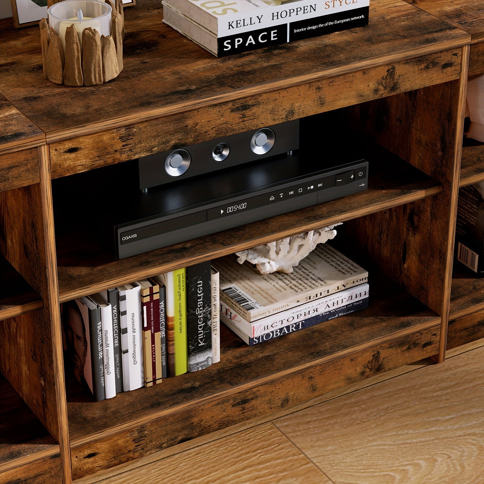 200cm Rustic TV Stand With Outlet & 6 Open Shelves