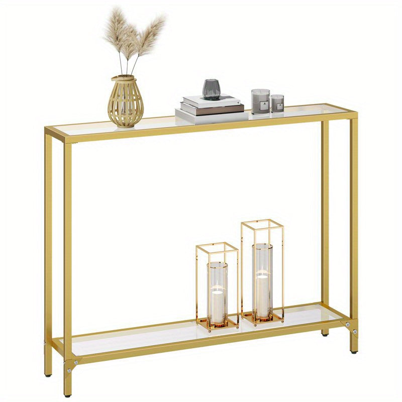 1pc Rustic Golden Metal Frame Console Table with Tempered Glass Top, Multifunctional Sofa Table for Living Room, Hallway - No Electricity Needed, Modern Narrow Couch Table (Measurements in cm)