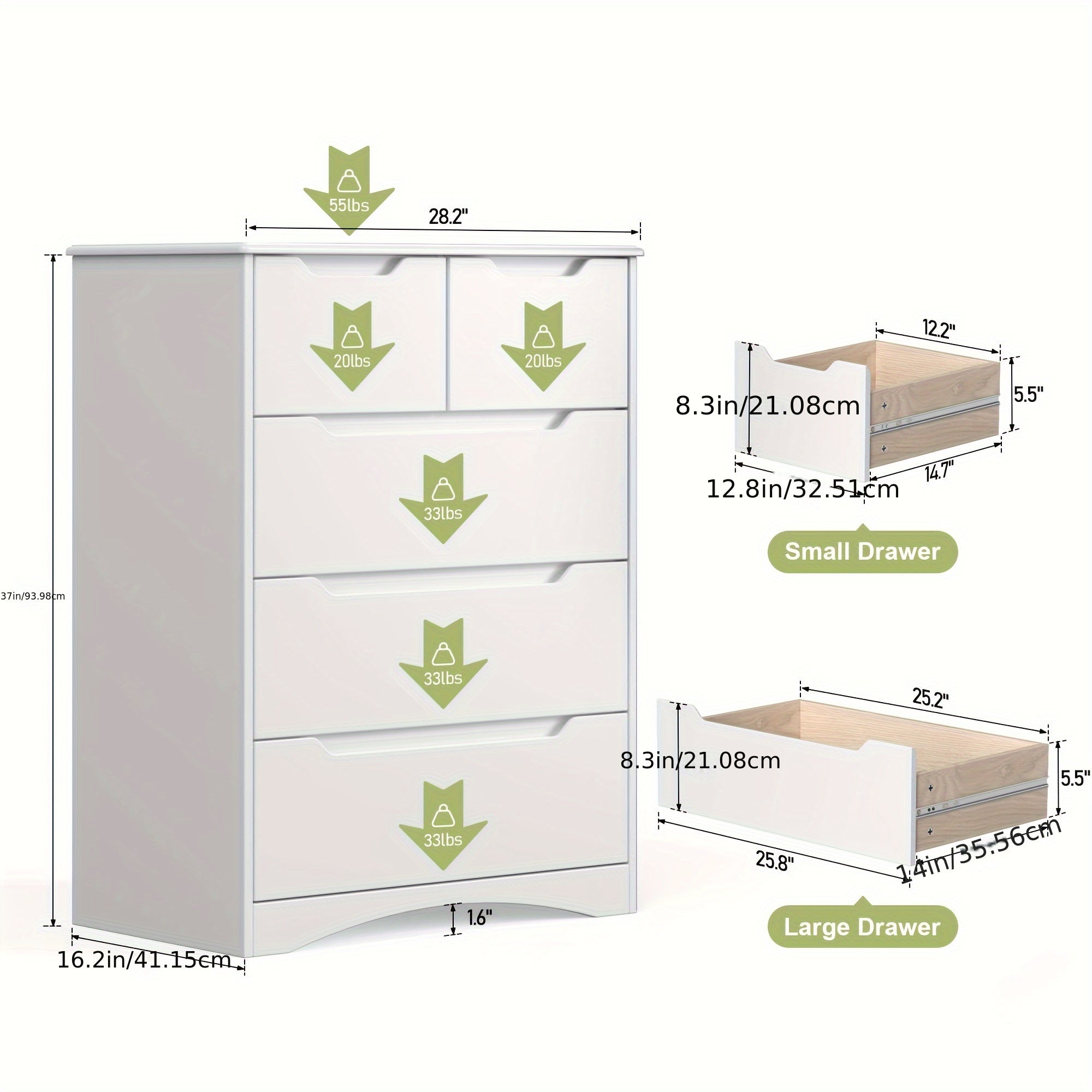 5 Drawers Dresser, Dressers For Bedroom With Cutout Handles, Wood Storage Cabinet For Living Room, White