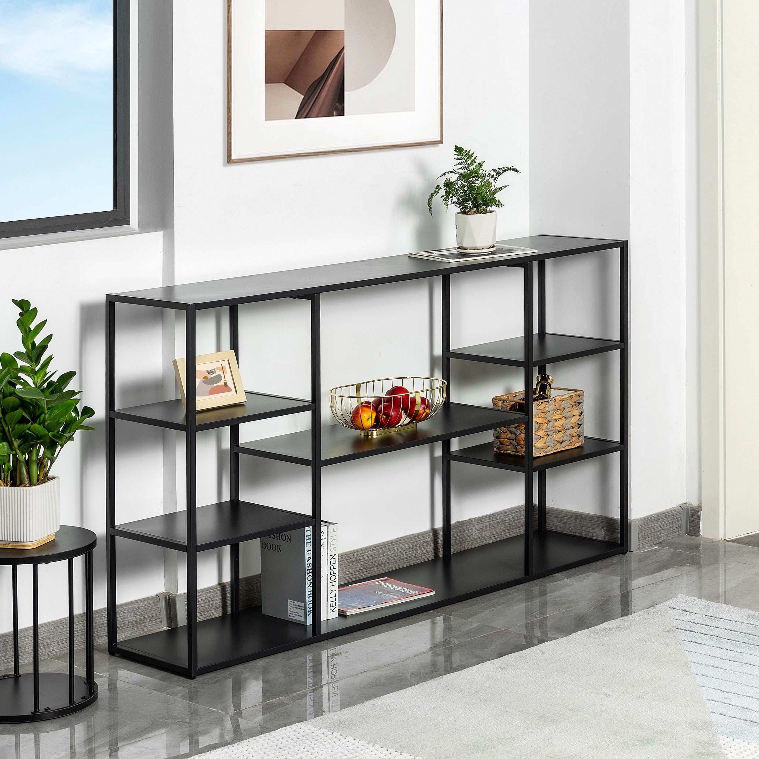 140 cm Metal Console Table with 8 Storage Shelves, Extra Long Entryway Table, Narrow Sofa Table, Hallway Table for Entrances to Corridor, Foyer, Living Room (140×30×80 cm)