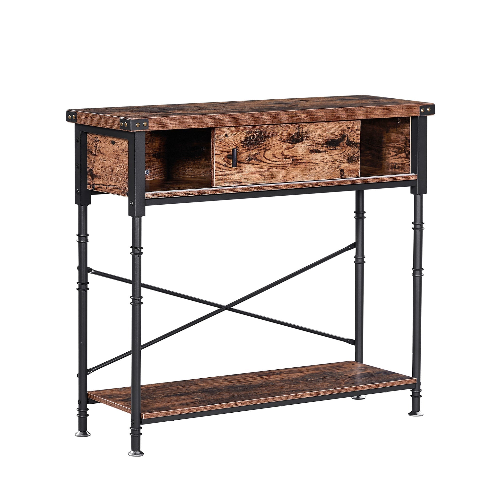 90 cm Console Table with Slide Drawer and Storage Shelf, Stable Metal Frame, Brown