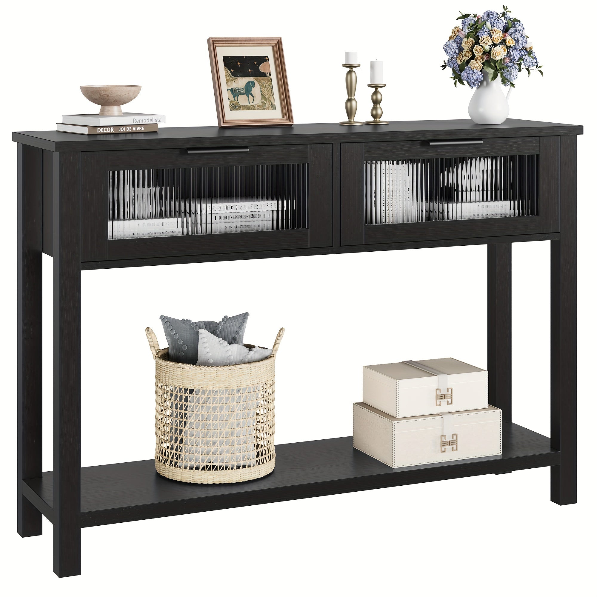 Entryway Table, Wood Console Table with 2 Glass Drawers, 2-Tier Sofa Table with Storage for Living Room, Foyer Tables for Entryway (in cm)