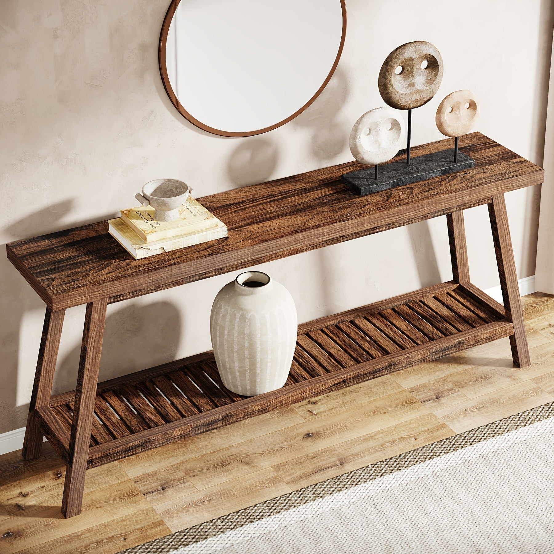 Chic Rustic Brown Farmhouse Console Table - 180 cm Long, 2-Tier Narrow Design with Ample Storage, Durable Engineered Wood Construction, Perfect for Entryway, Hallway, Living Room, or Bedroom Decor, Living Room Decor | Elegant Co