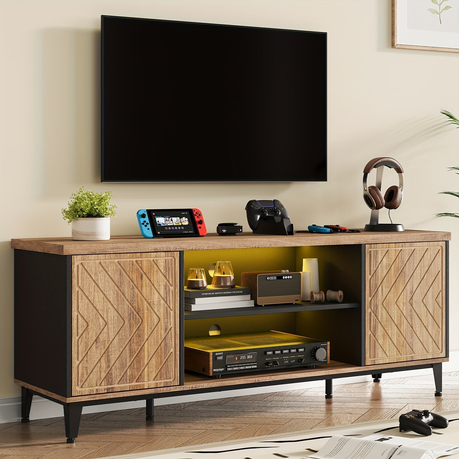 Mid-Century Modern TV Stand for 65" TV - Sleek Wooden Console with Storage, Freestanding Design, Under 69cm Tall