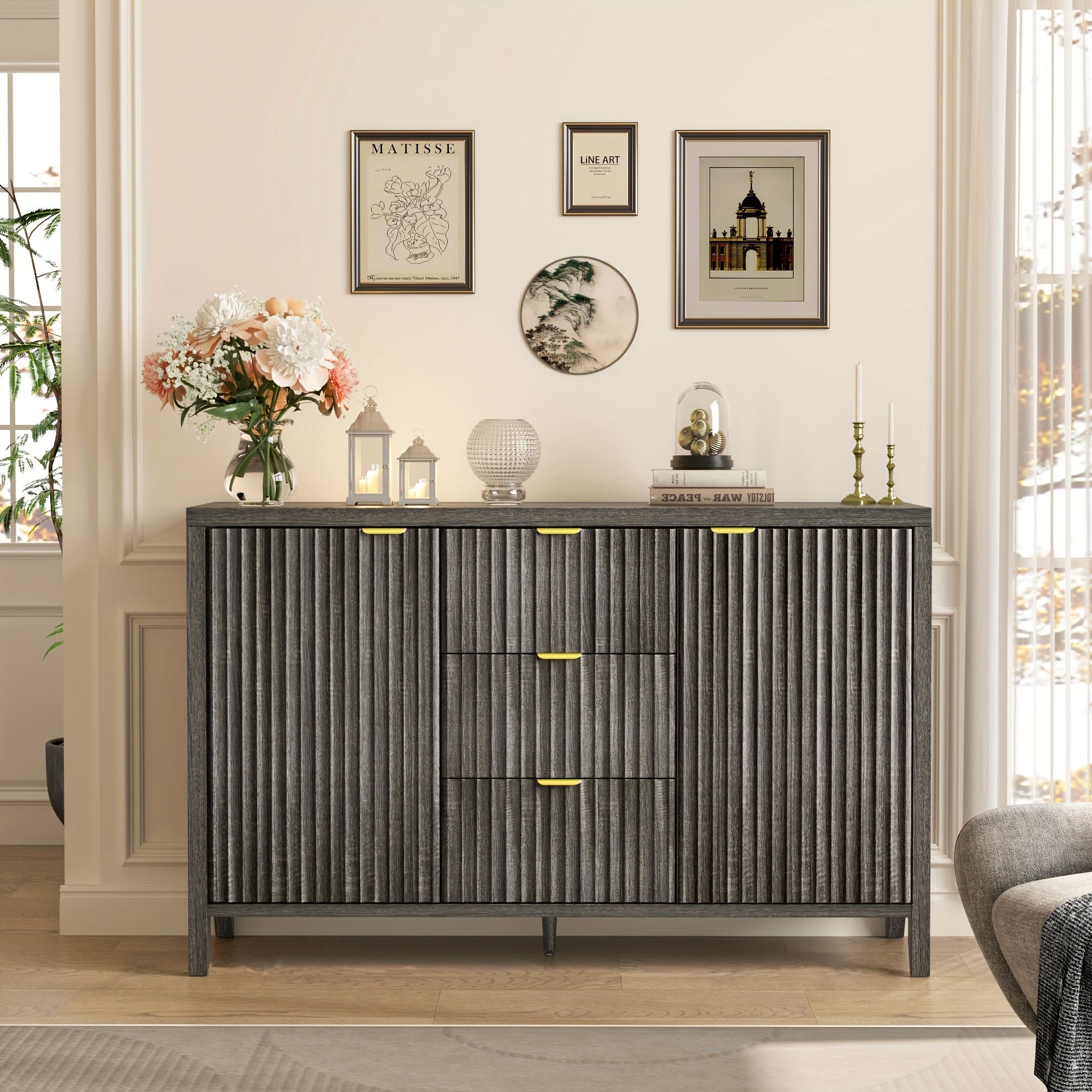 Buffet Cabinet With Storage, Fluted Storage Cabinet Large Sideboard Cabinet With 3 Drawers And Adjustable Shelf, Accent Cabinet Credenza For Kitchen, Living Room, Hallway