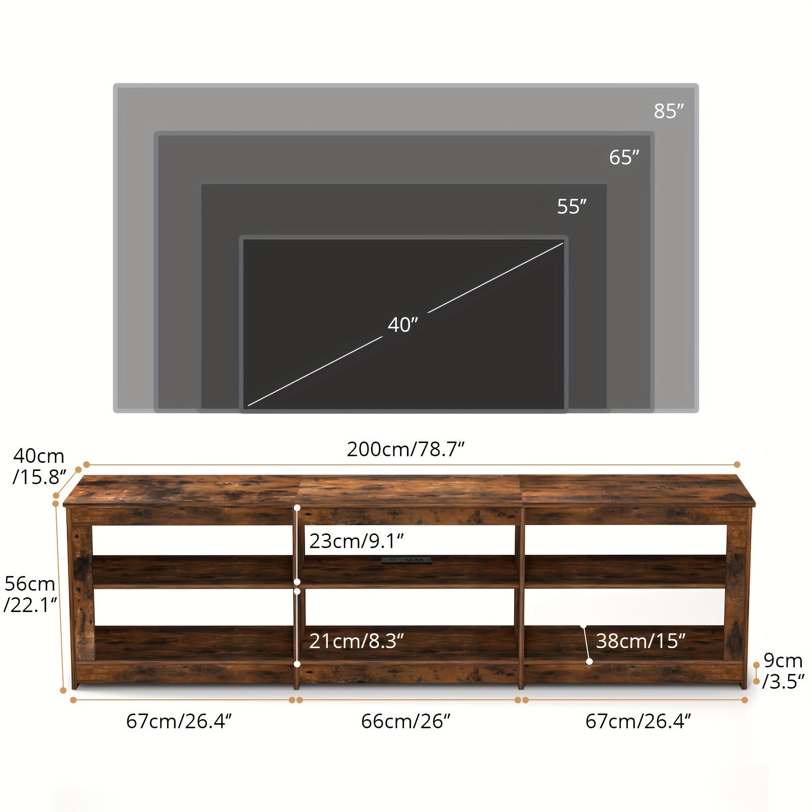 200cm TV Stand With Outlet, Open Shelves