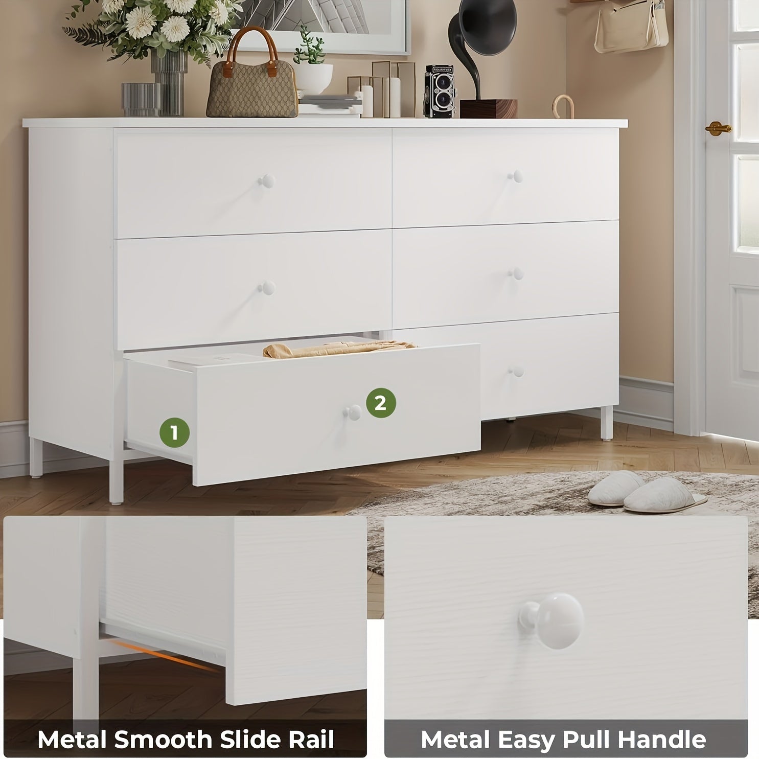 Large Dresser With 6 Drawers For Bedroom, Modern Chest Of 6 Drawers Storage Cabinets With Steel Frame, Double Dresser For Bedroom, Living Room, White