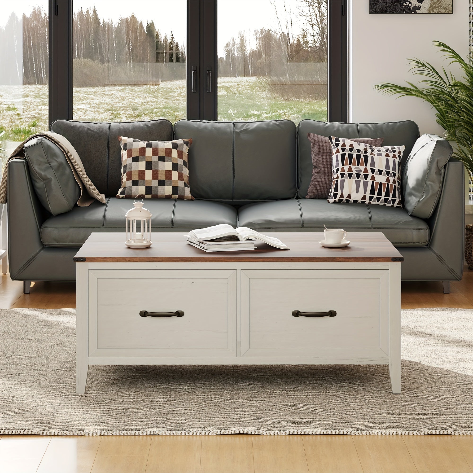 Farmhouse Coffee Table, 110cm Hinged Lift Top Wood Center Table with Large Hidden Storage & 2 Drawers for Living Room