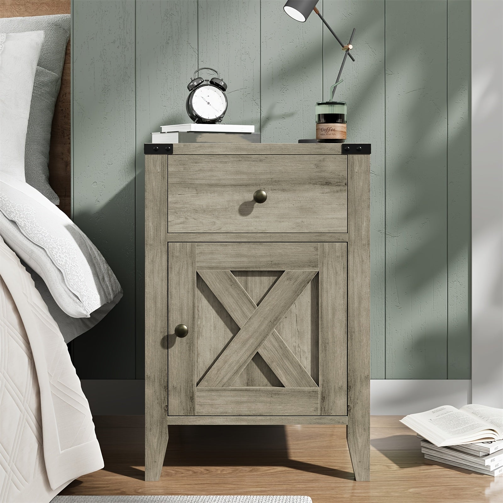 Charming Grey Farmhouse Nightstand with Power Outlets & USB Ports - Sleek Bedside Table with Drawer & Cabinet, Metal Handles, for Cozy Bedroom or Living Room Decor