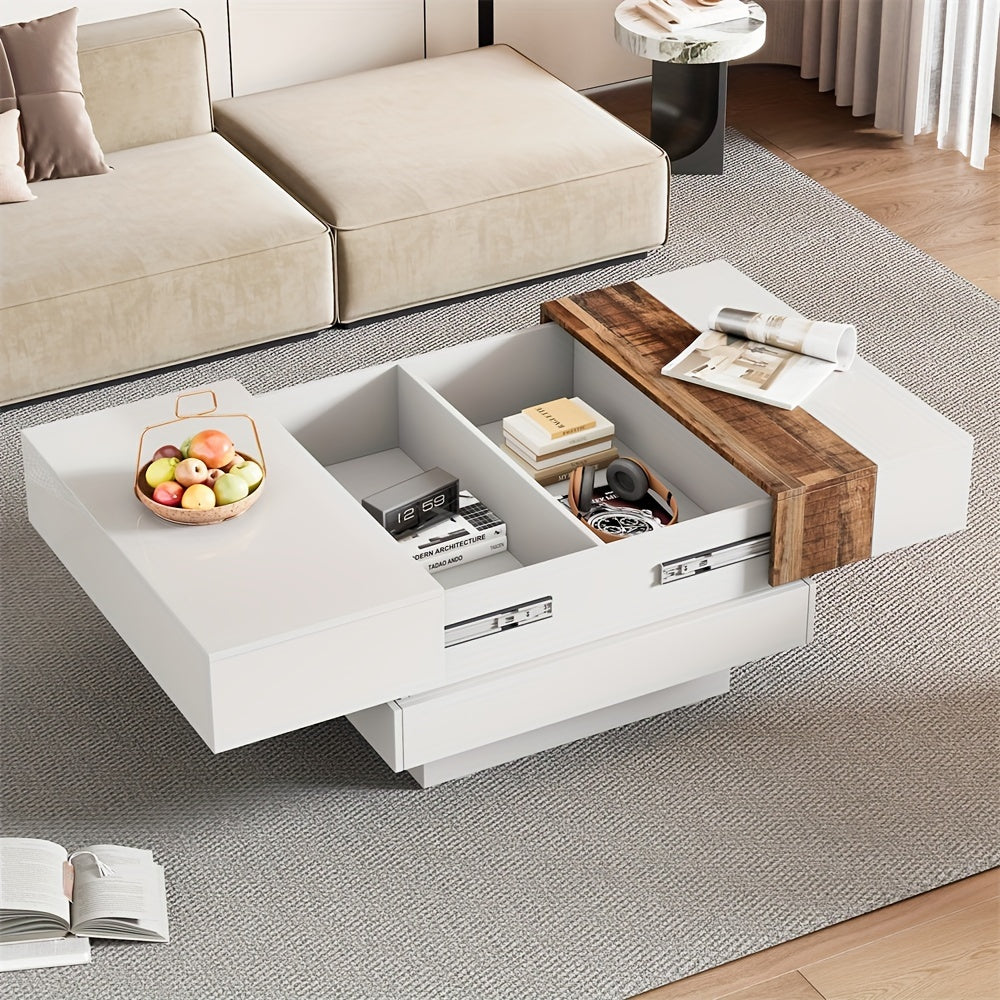 81cm Square Coffee Table With Sliding Tabletop, High Gloss Center Table With Hidden Storage Compartment, Extendable Cocktail Table With Walnut Grain Finish For Living Room