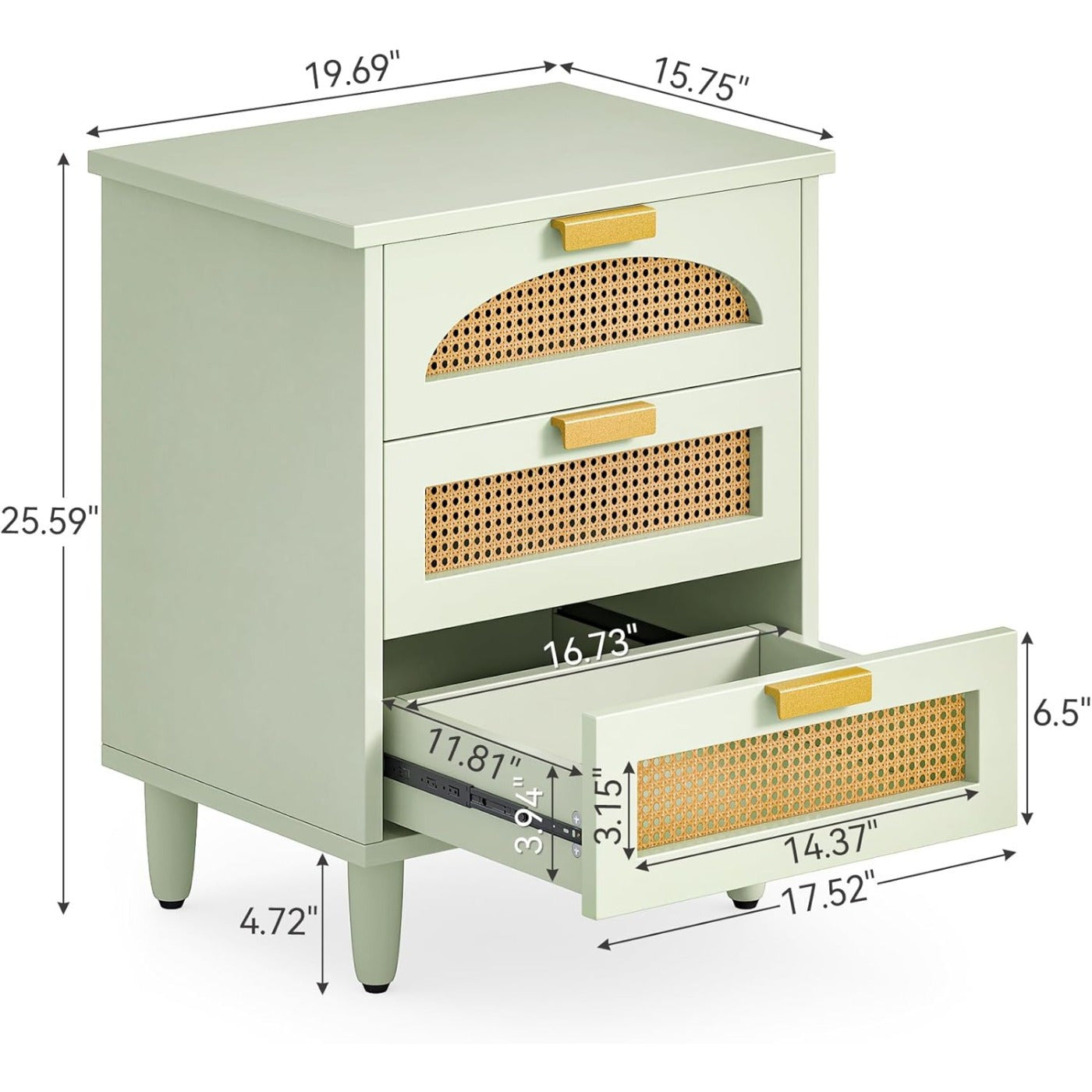 Mint Green Rattan Nightstand with 3 Drawers - Modern Wooden End Table for Living Room and Bedroom, Hardwood Storage Lockers for Organization, Bedside Table, Couch