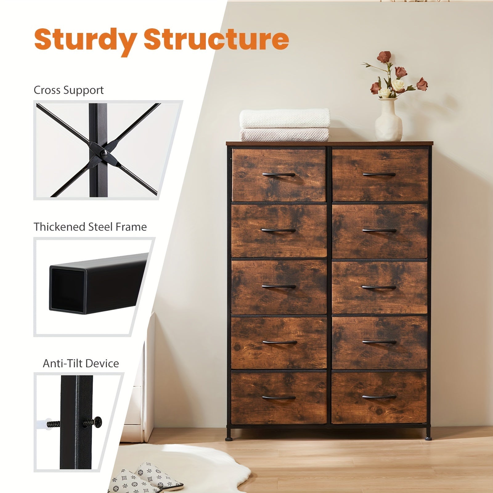 Dresser For Bedroom 10 Drawers, Storage Chest Of Drawers With Fabric Bins, Tall Dresser With Sturdy Steel Frame Clothes Organizer Wood Top For Closet, Hallway, Living Room, Display Stands, Risers