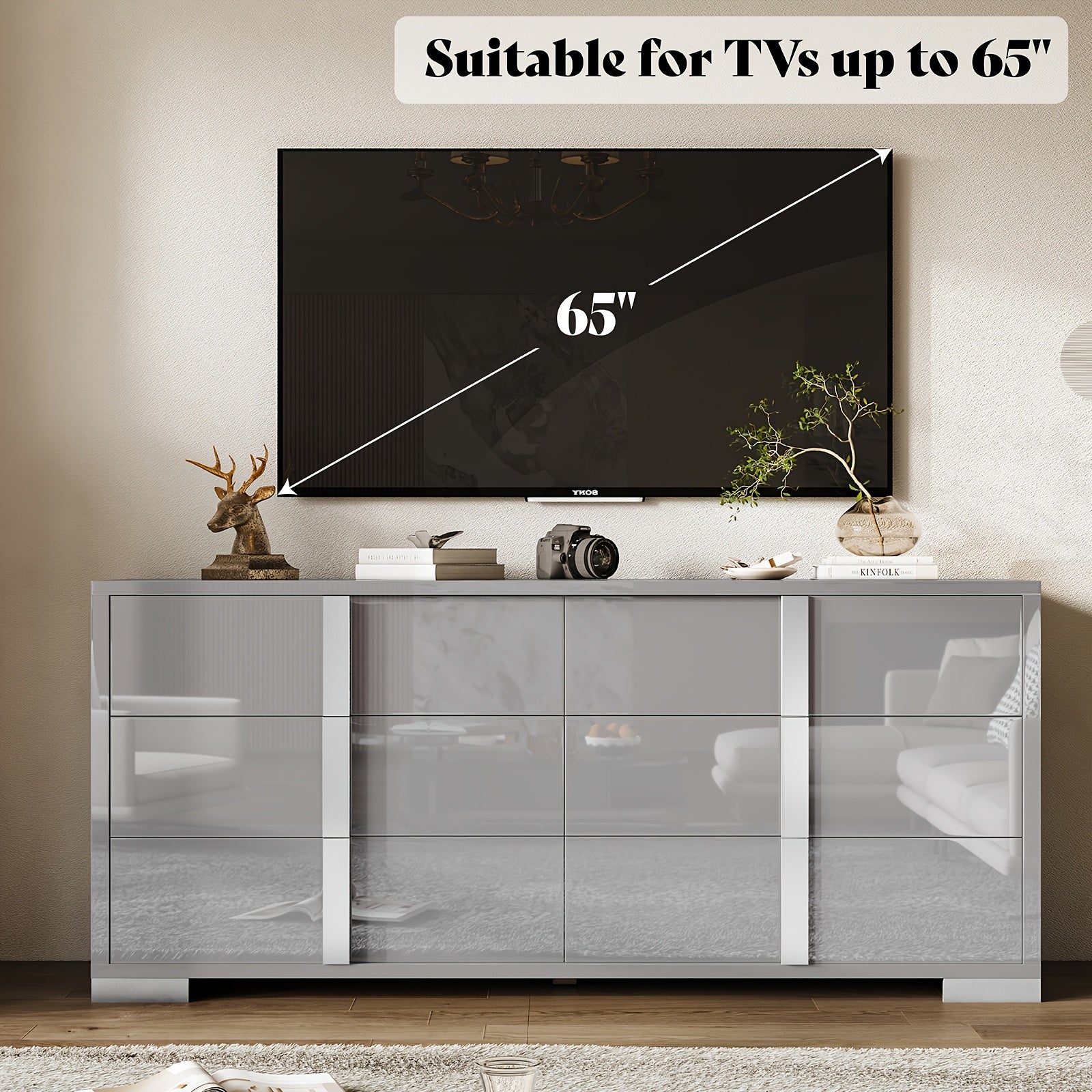 1pc Modern 137cm W Dresser, 6-Drawer Glossy Hardwood & MDF Sideboard with Silver Accents, Freestanding Storage Organizer for Bedroom, Living Room