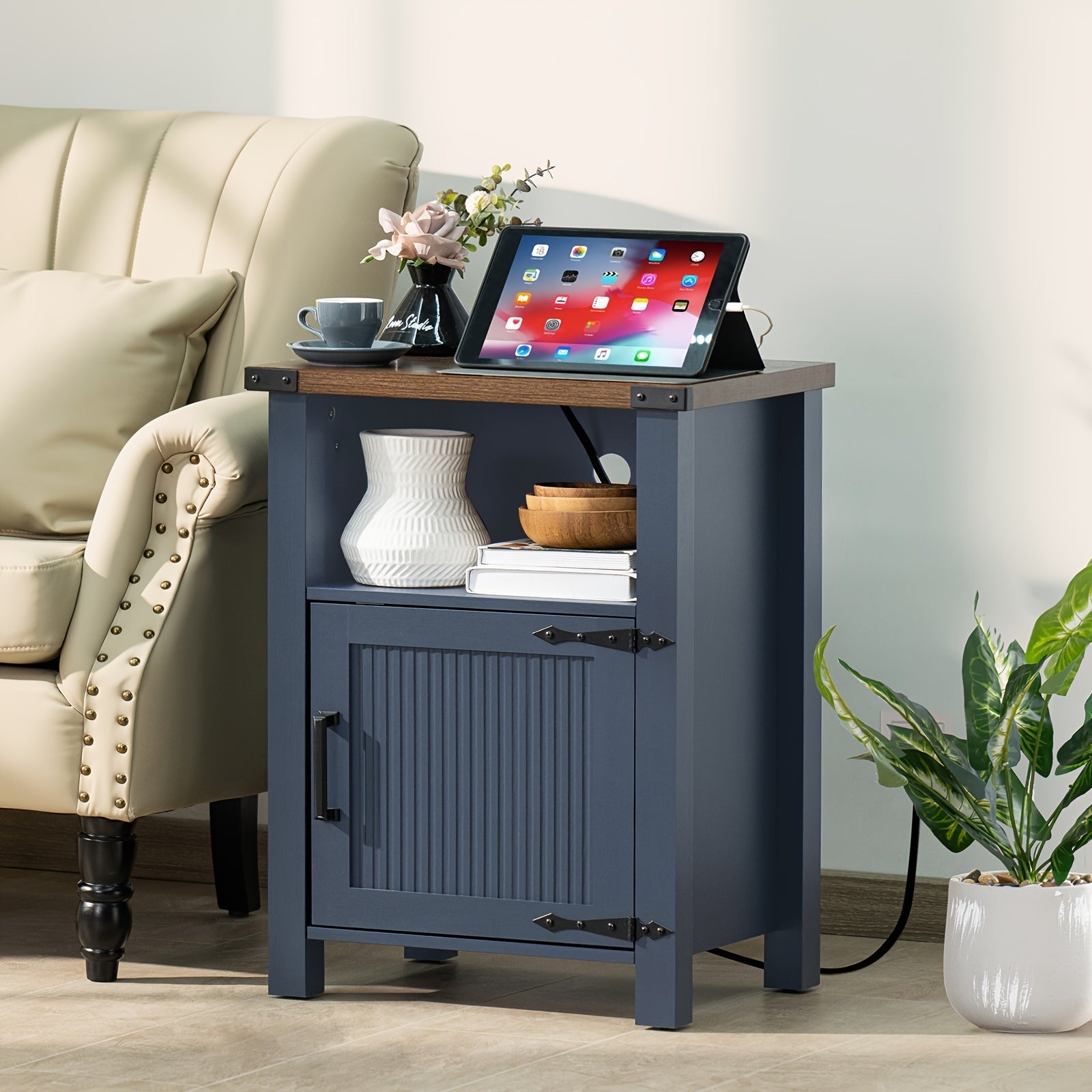 Charming Dark Blue 46cm Farmhouse Nightstand with Charging Station & USB Port, Rustic Hardwood End Table with Magnetic Doors & Storage Shelf - Ideal for Bedroom Comfort, Bedroom Decor