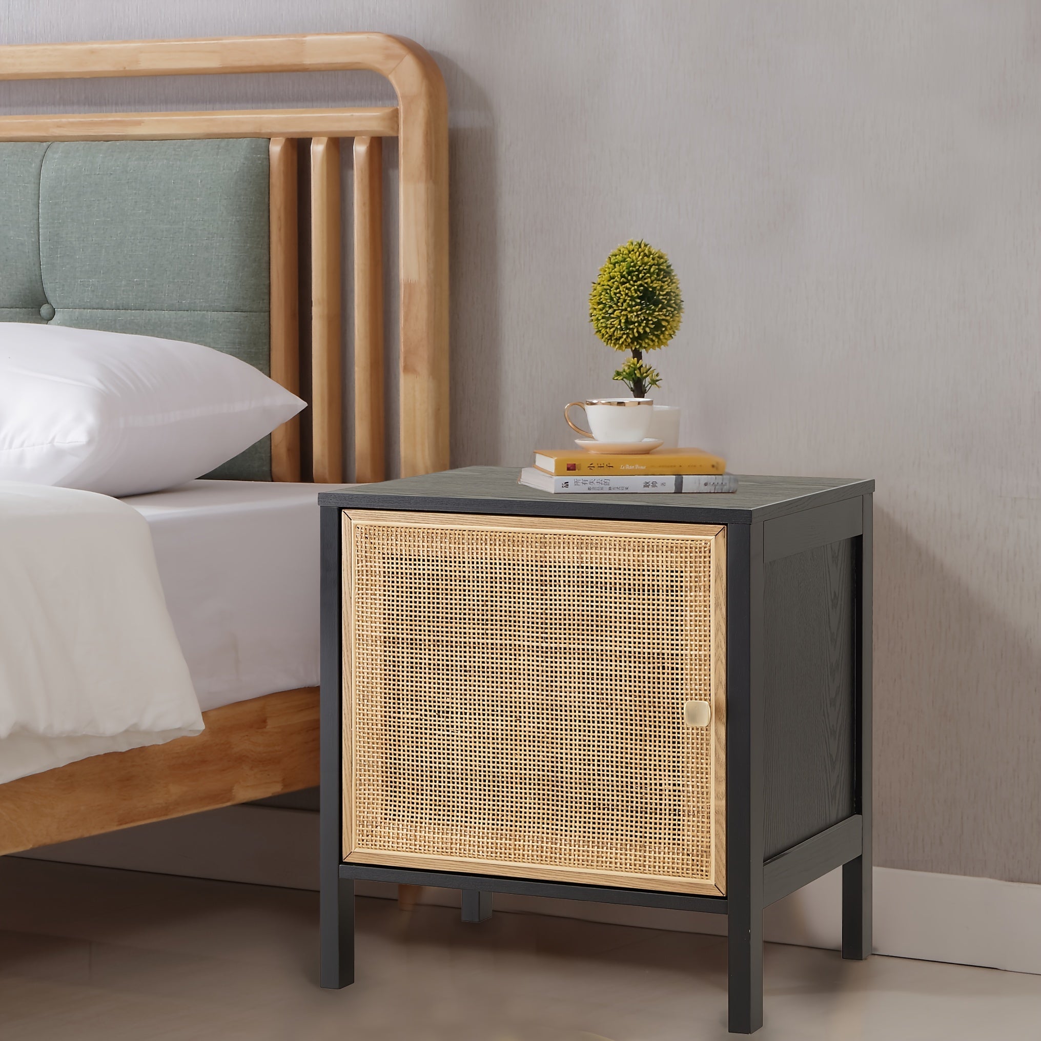 Rattan Nightstand, End Table With Doors, Side Table With Solid Wood Legs for Bedroom