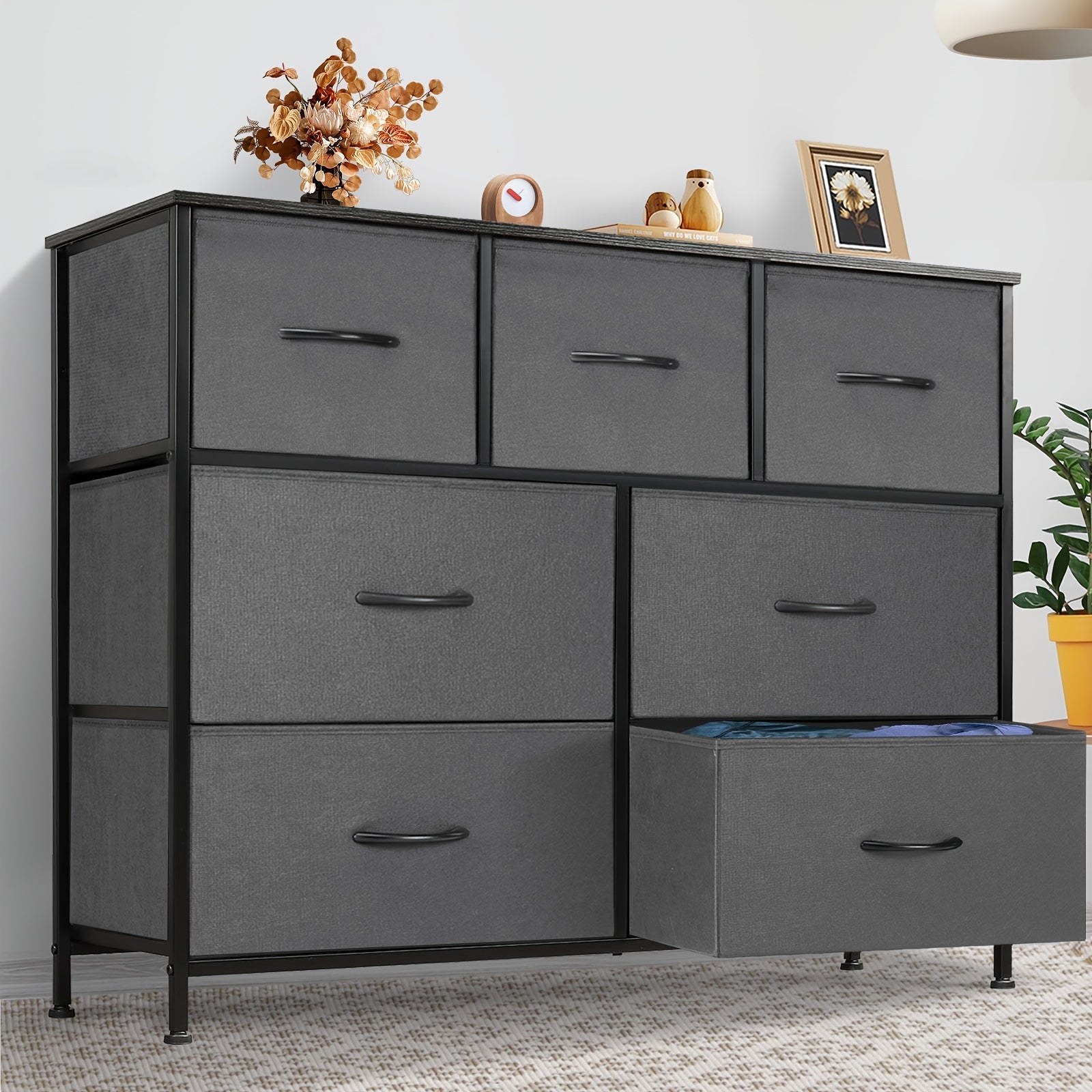 Dresser For Bedroom, Storage Cabinet, Fabric Closet Organizer With 7 Drawers, Dresser With Metal Frame And Wood Tabletop, Chest Storage Tower For Nursery, Living Room, Entryway For Lab Storage