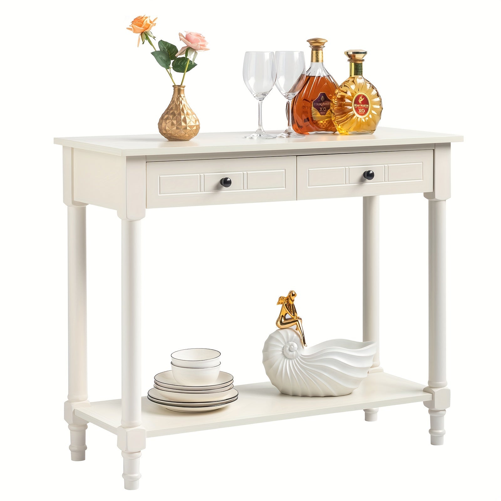 2-Tier Console Table with 2 Drawers, Console Tables for Entryway, Sofa Table with Storage Shelves, Entryway Table Behind Sofa Couch, for Living Room, Kitchen, Cream White (Dimensions in cm)