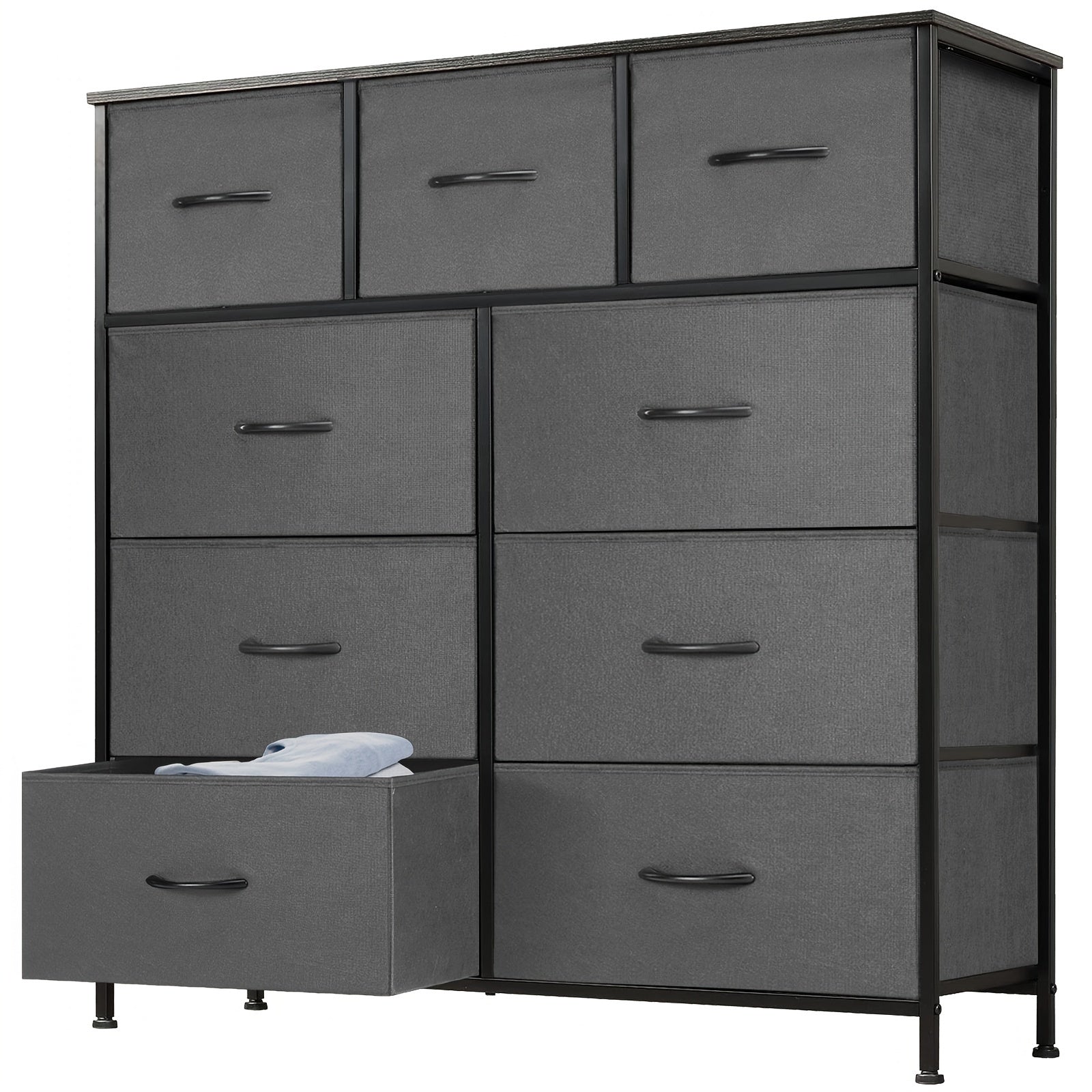 Dresser for Bedroom, 9 Storage Drawers, Tall Fabric Closet Chests Organizer Tower Furniture with Wooden Top Metal Frame for Clothes, Living Room, Hallway, Entryway