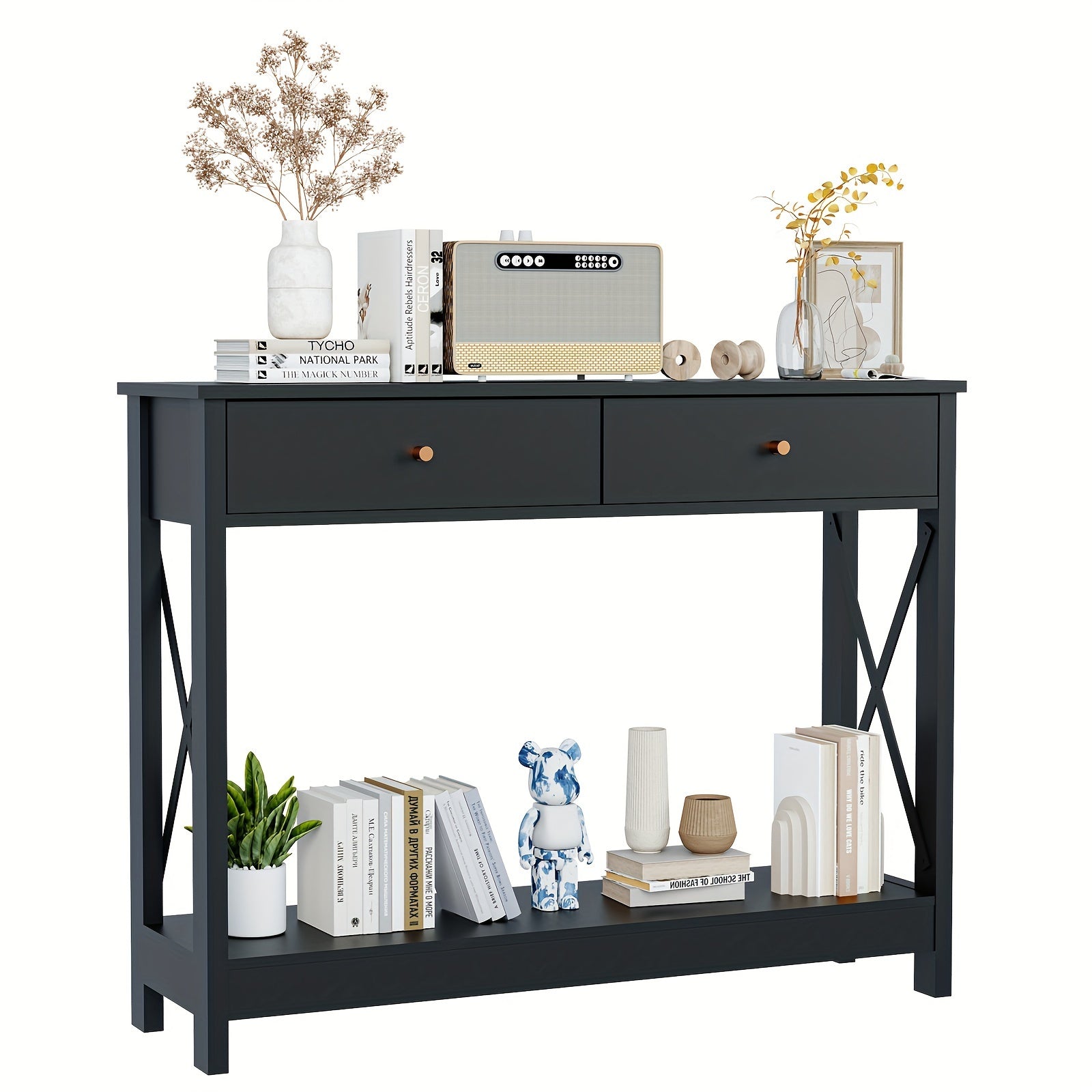 Console Table With Drawers, Wood Farmhouse Narrow Entryway Table With Storage Shelf, Black Sofa Table For Living Room, Hallway, Front Hall, Foyer (Dimensions in cm)