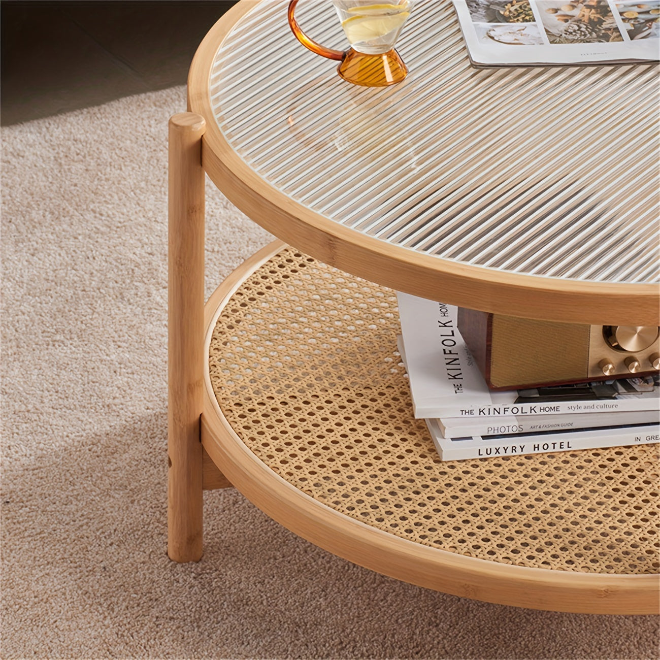 Modern Rattan Woven Tea Table With Glass Desktop, Chinese Simple Round Double-Layer Side Table, Solid Wood Coffee Table For Dining Living Room Lounge Bedroom