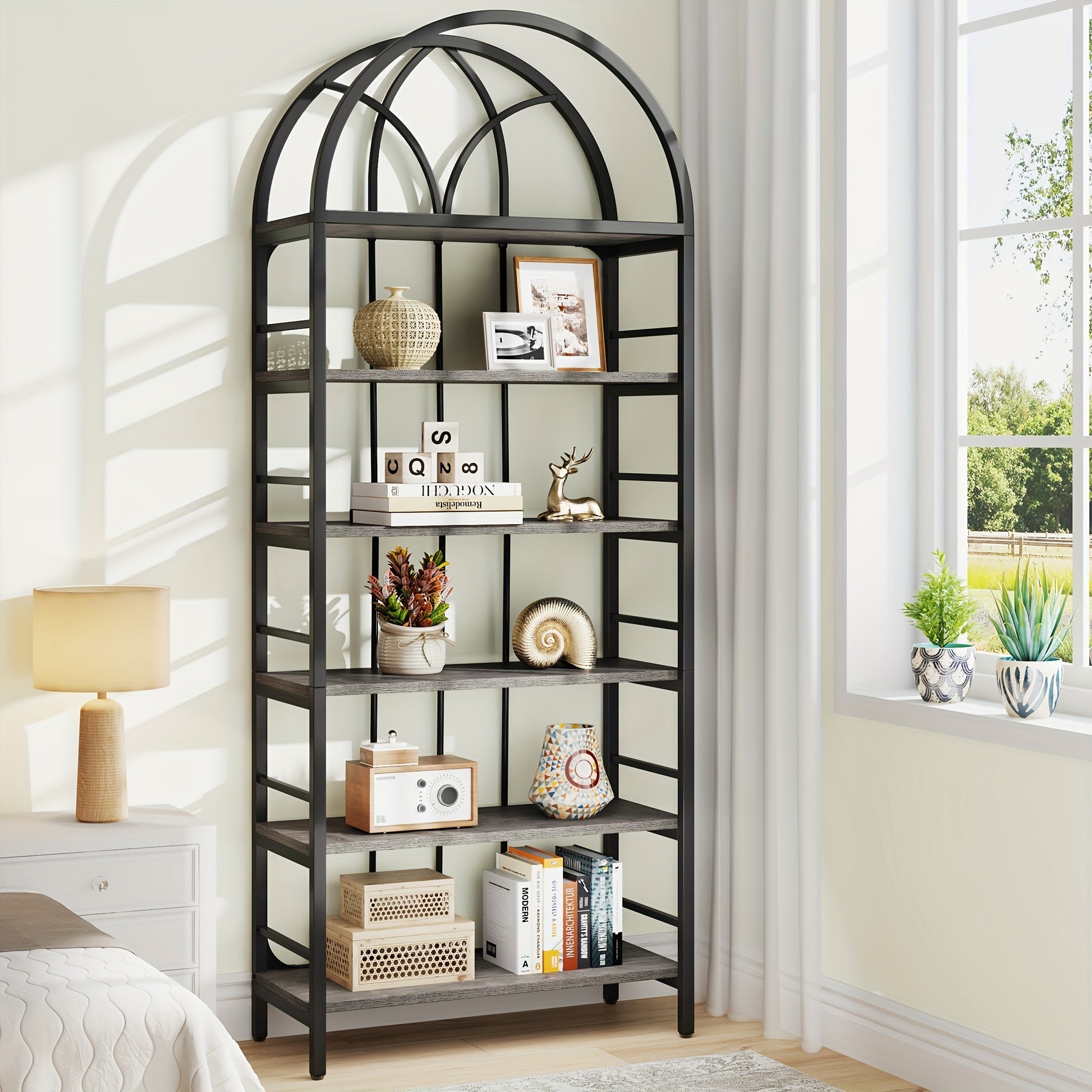 6-Tier Tall Arched Bookshelf - 200cm Industrial Metal Open Bookcase - Free Standing Storage Shelving Unit for Home Office, Living Room and Bedroom