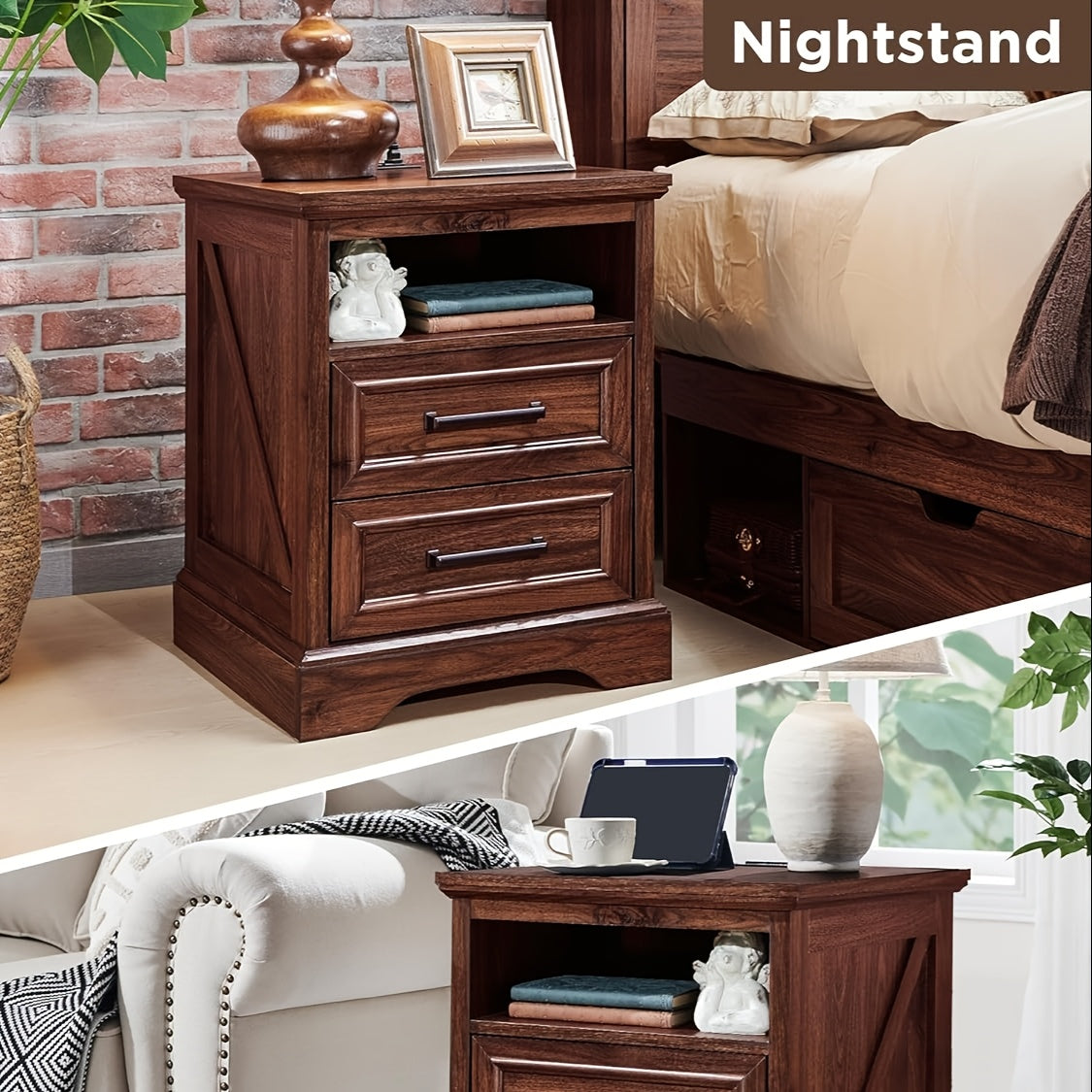 46cm Farmhouse Nightstand With Charging Station, End Table With 2 Drawers Storage, Side Table, Bedside Cabinet For Bedroom, Living Room