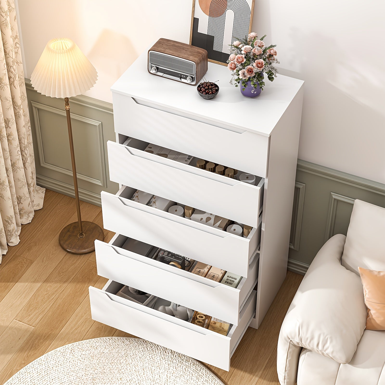 5-Drawer White Dresser | Modern Metal Chest of Drawers with Lockable Storage | Sleek Design for Bedroom, Living Room, Hallway, Entryway, Home Office | Floor Standing Organizer, WINKALON