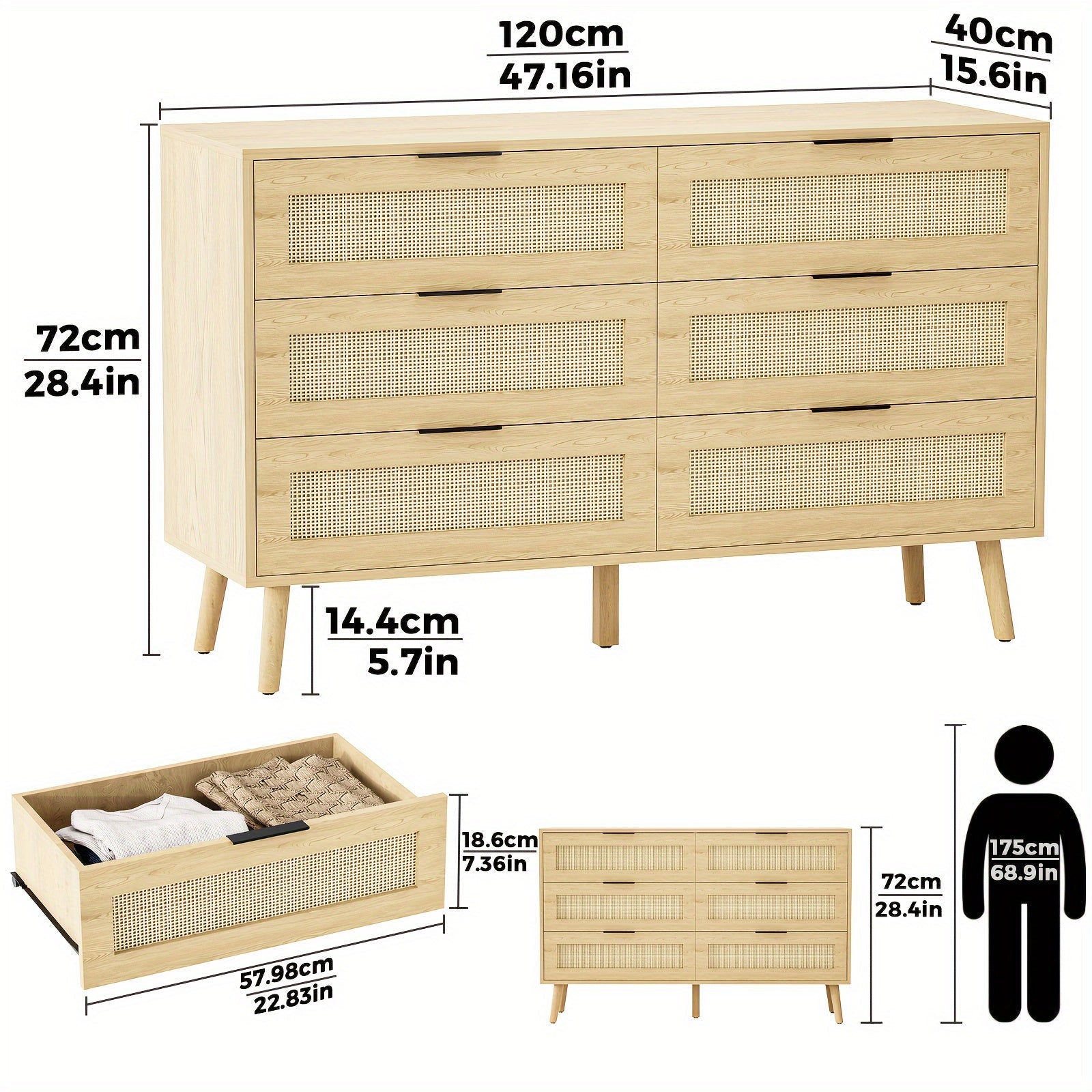 6 Drawer Double Dresser For Bedroom, Natural Rattan Chest With Drawers, Modern Wood Boho Dresser With Black Handles, Storage Closet For Closet, Living Room And Hallway